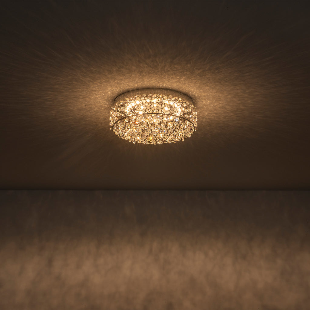 14.17 in. 20-Watt Modern Small Chrome Drum Integrated LED Flush Mount Ceiling Light with Beaded Crystal Shade