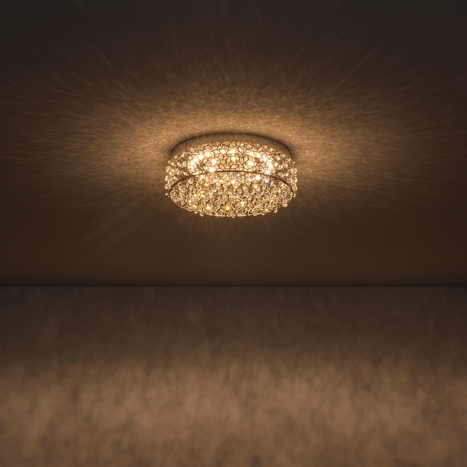 14.17 in. 20-Watt Modern Small Chrome Drum Integrated LED Flush Mount Ceiling Light with Beaded Crystal Shade