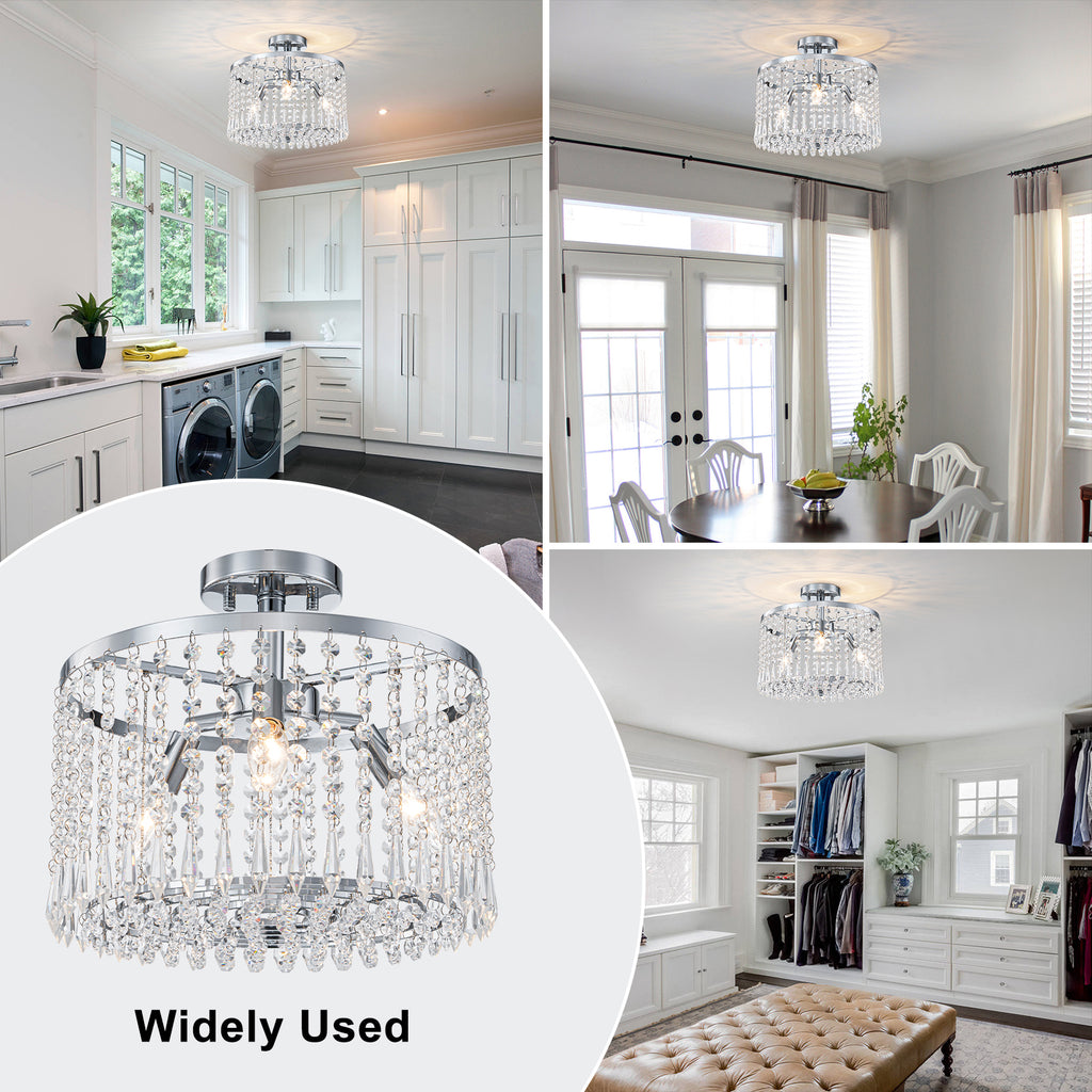 13.8 in. 3-Light Modern Small Chrome Drum Semi-Flush Mount Ceiling Light with Beaded Crystal Shade for Kitchen