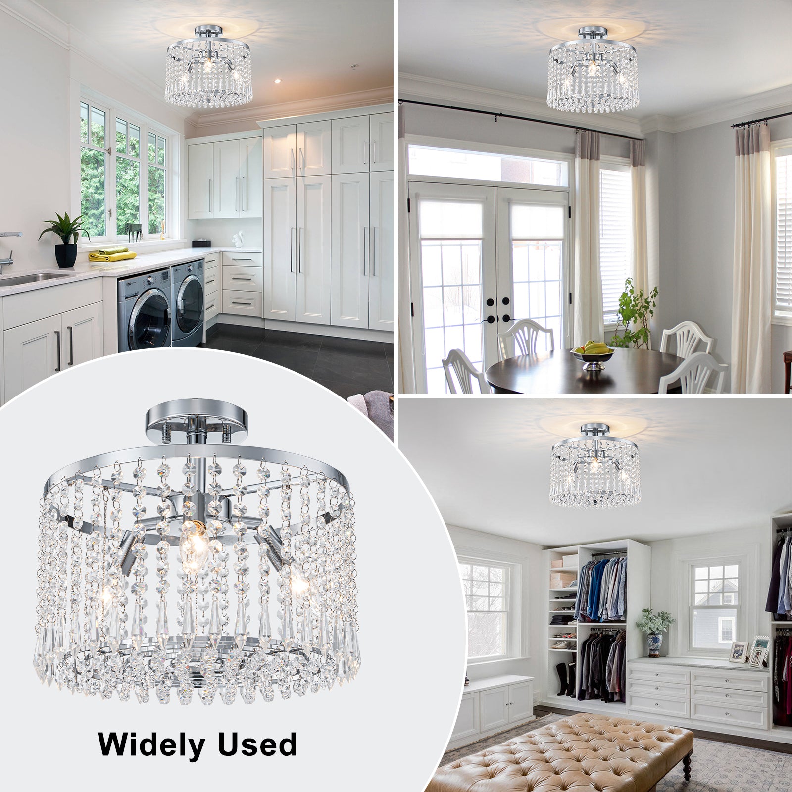 13.8 in. 3-Light Modern Small Chrome Drum Semi-Flush Mount Ceiling Light with Beaded Crystal Shade for Kitchen