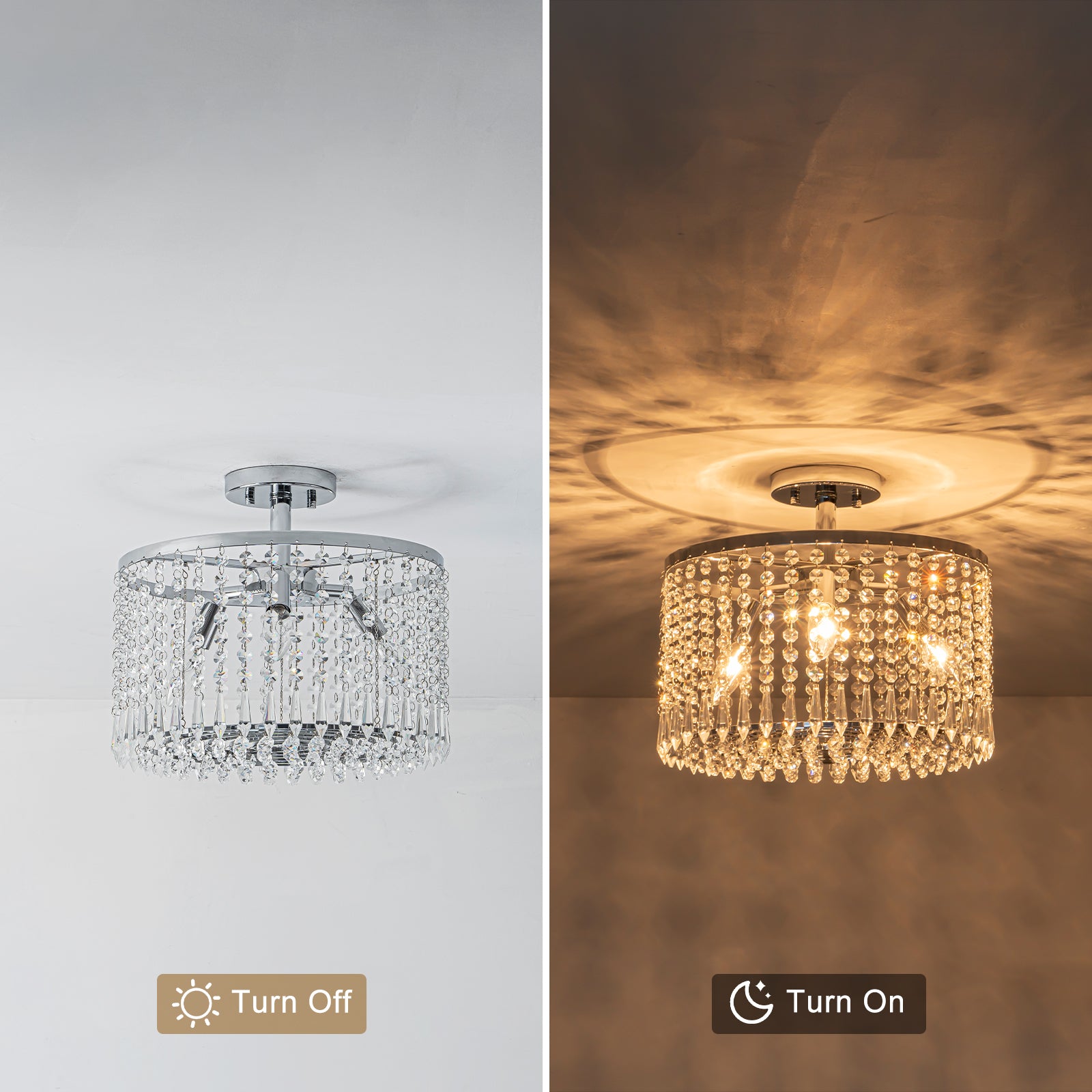 13.8 in. 3-Light Modern Small Chrome Drum Semi-Flush Mount Ceiling Light with Beaded Crystal Shade for Kitchen