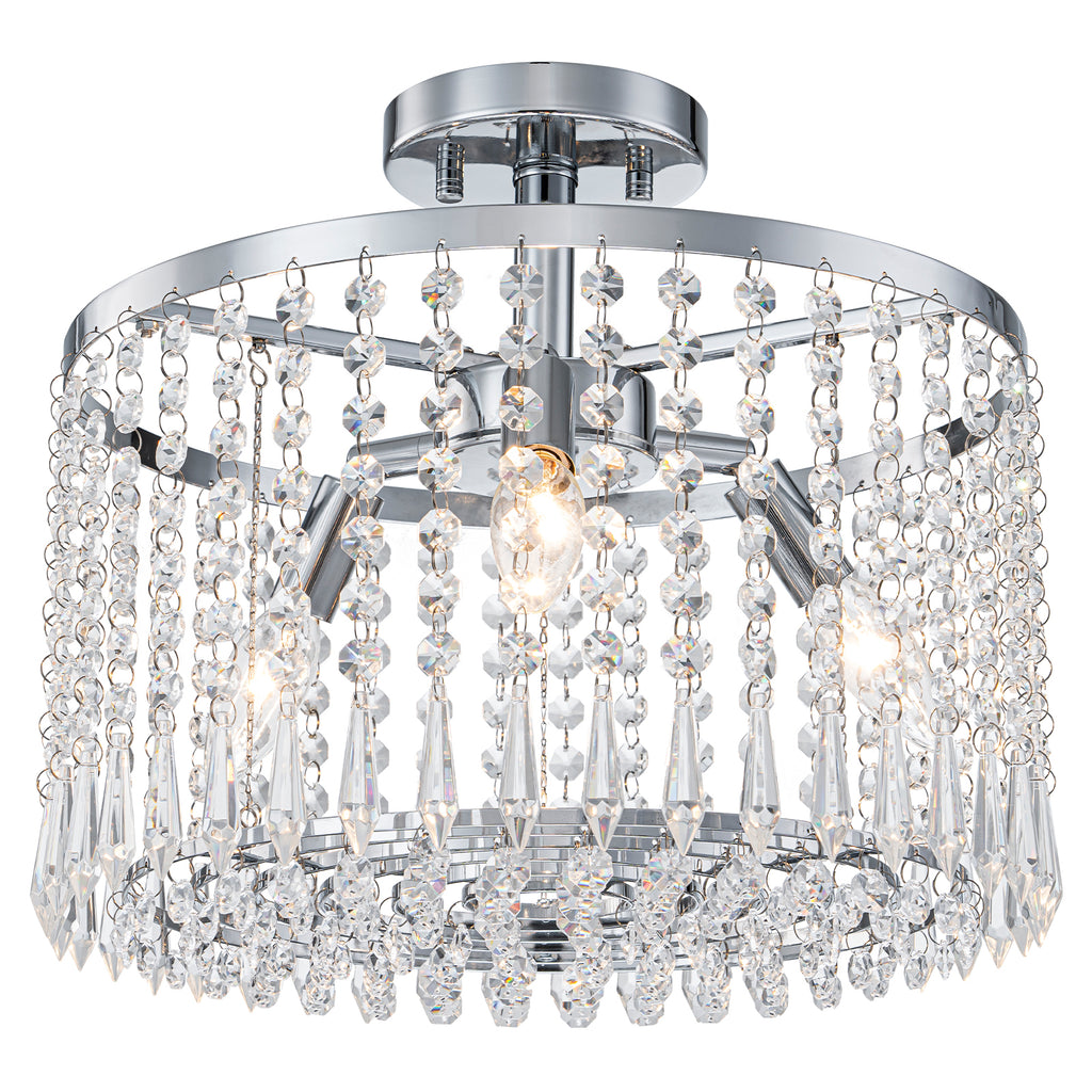 13.8 in. 3-Light Modern Small Chrome Drum Semi-Flush Mount Ceiling Light with Beaded Crystal Shade for Kitchen