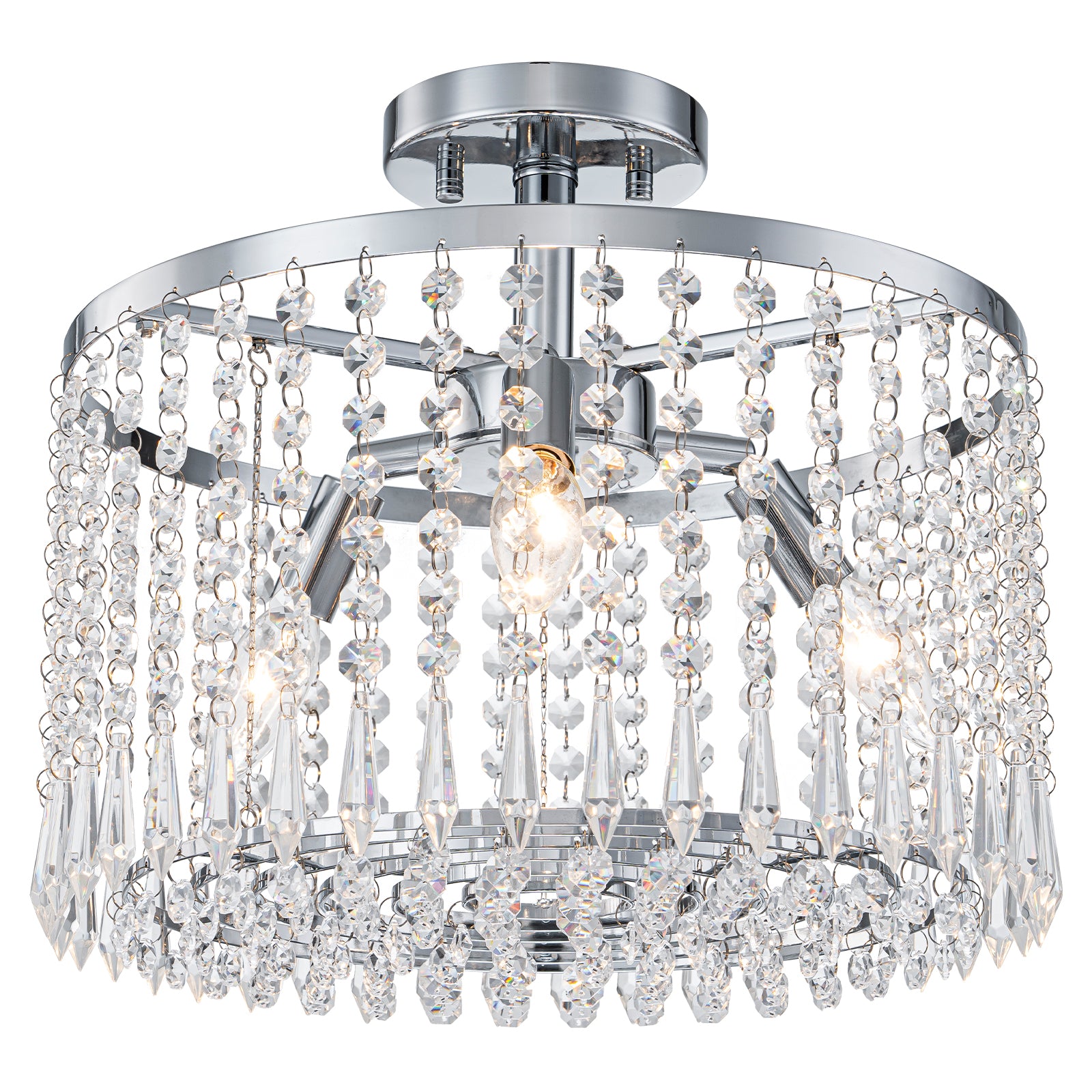 13.8 in. 3-Light Modern Small Chrome Drum Semi-Flush Mount Ceiling Light with Beaded Crystal Shade for Kitchen