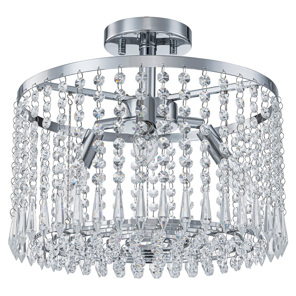 13.8 in. 3-Light Modern Small Chrome Drum Semi-Flush Mount Ceiling Light with Beaded Crystal Shade for Kitchen