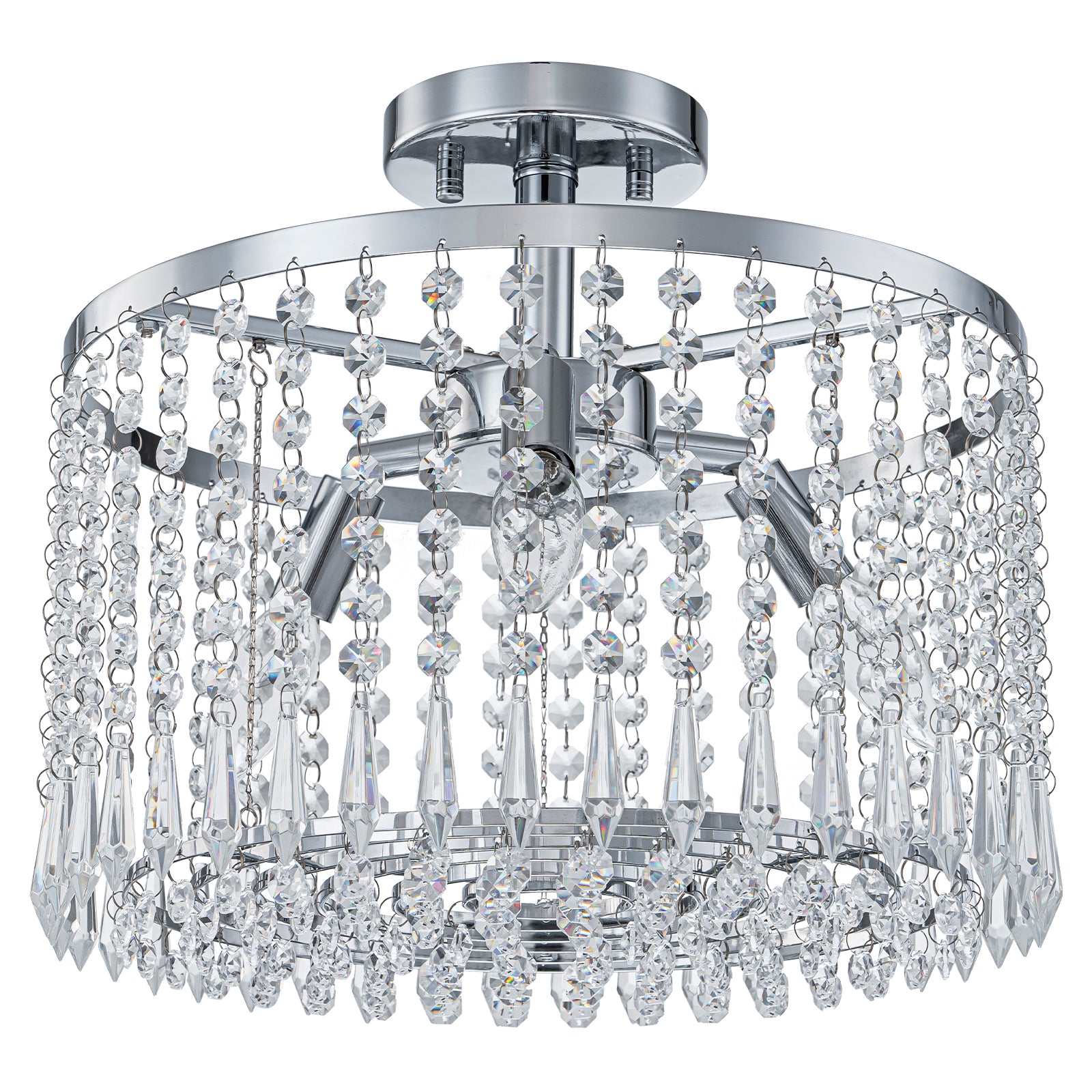 13.8 in. 3-Light Modern Small Chrome Drum Semi-Flush Mount Ceiling Light with Beaded Crystal Shade for Kitchen
