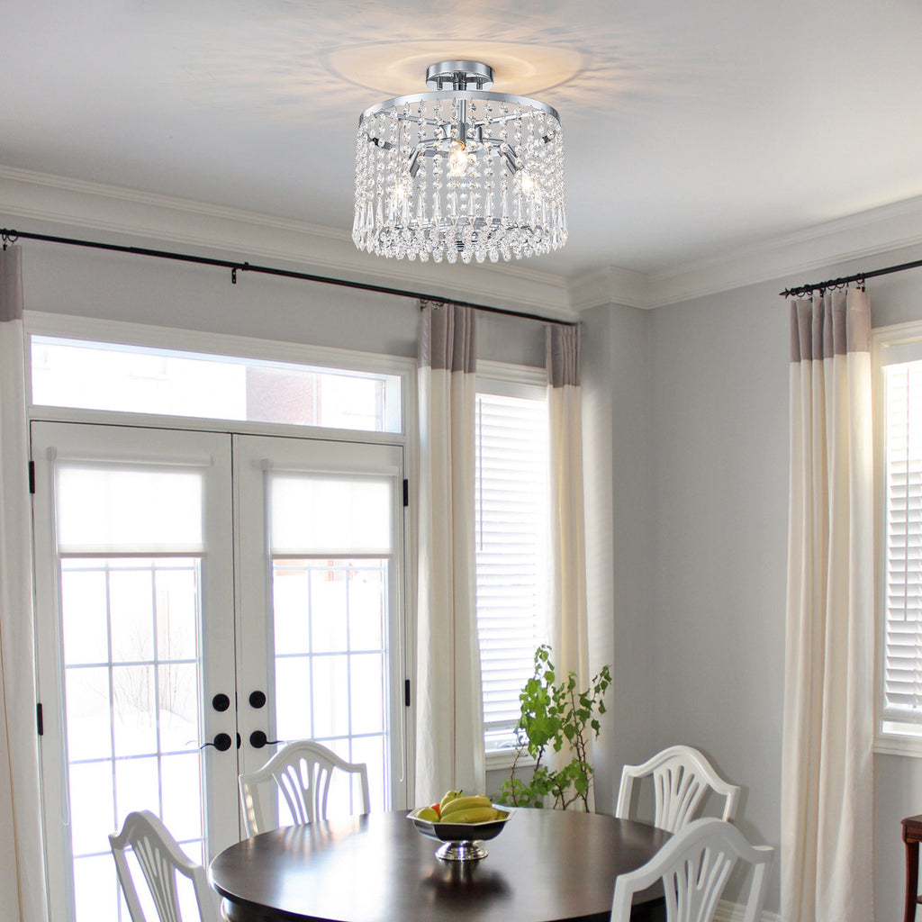 13.8 in. 3-Light Modern Small Chrome Drum Semi-Flush Mount Ceiling Light with Beaded Crystal Shade for Kitchen