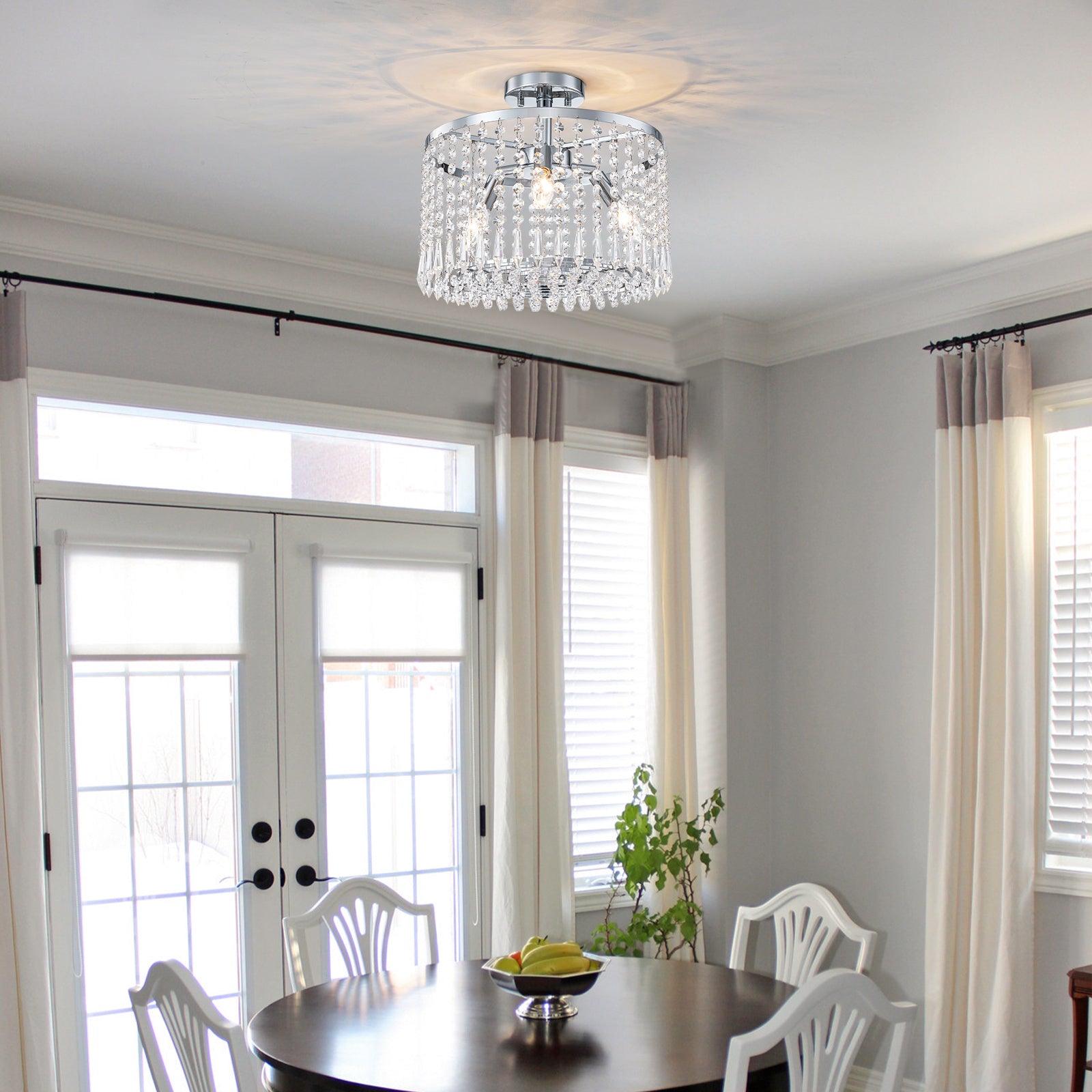 13.8 in. 3-Light Modern Small Chrome Drum Semi-Flush Mount Ceiling Light with Beaded Crystal Shade for Kitchen