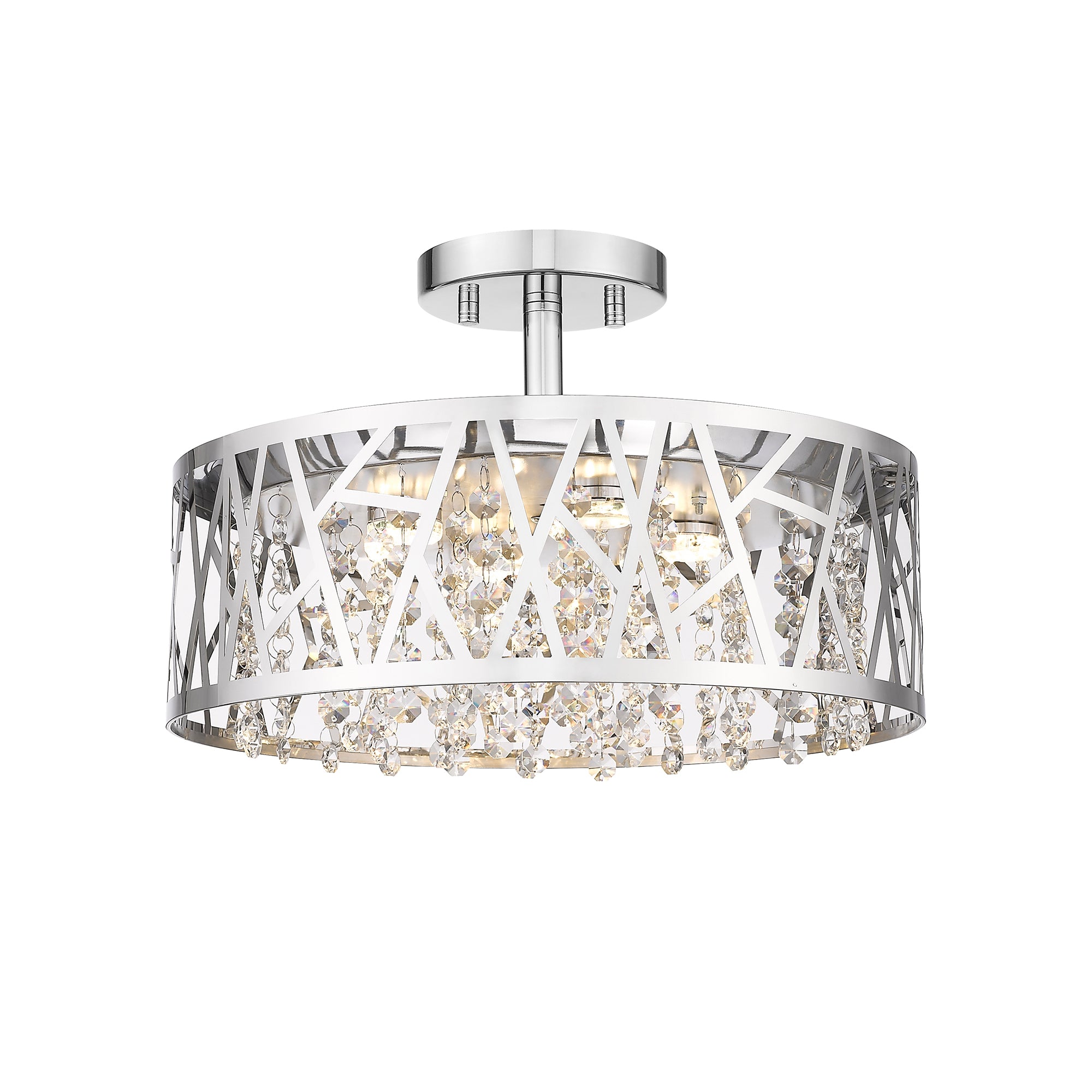 13.78 in. 1-Light Modern Small Chrome Drum Dimmable LED Semi-Flush Mount Ceiling Light with Beaded Crystal Shade