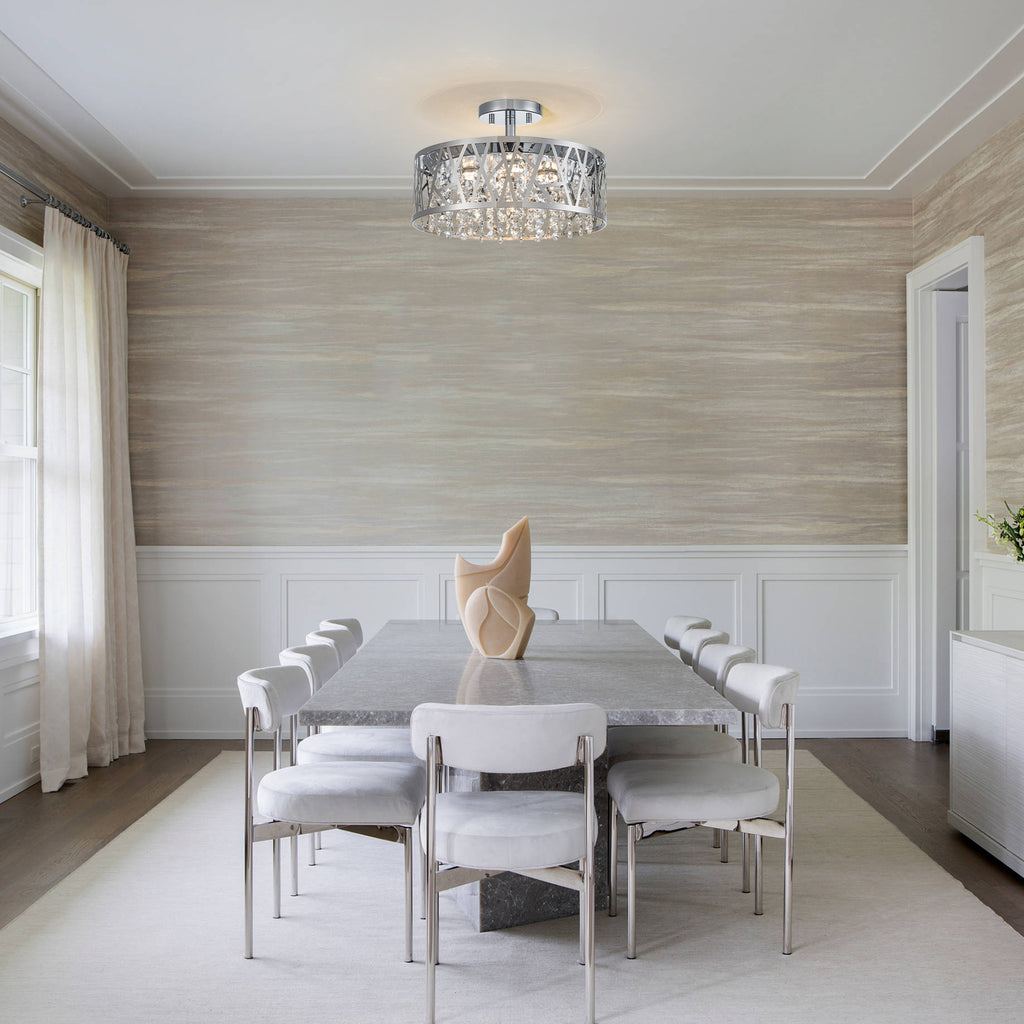 13.78 in. 1-Light Modern Small Chrome Drum Dimmable LED Semi-Flush Mount Ceiling Light with Beaded Crystal Shade