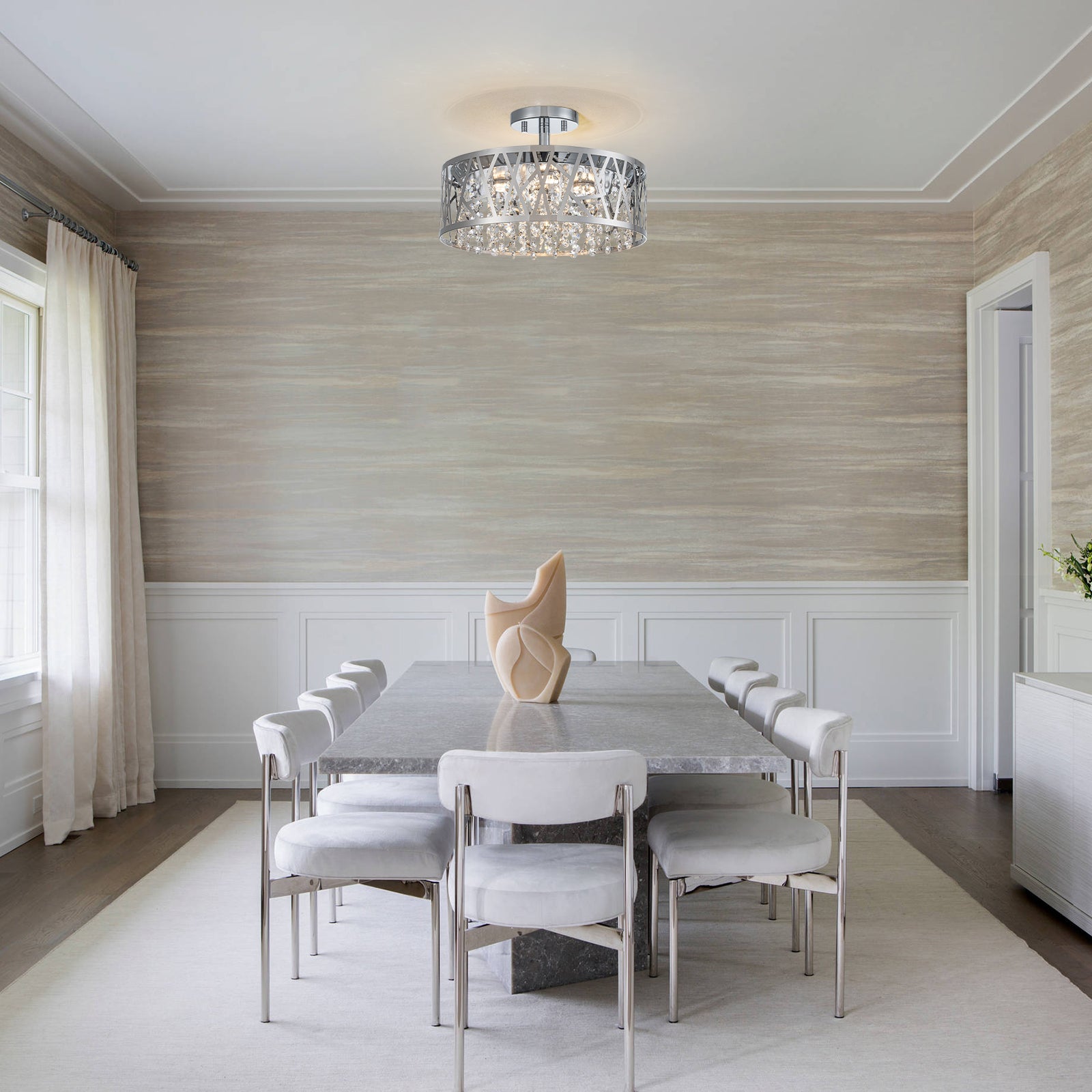13.78 in. 1-Light Modern Small Chrome Drum Dimmable LED Semi-Flush Mount Ceiling Light with Beaded Crystal Shade