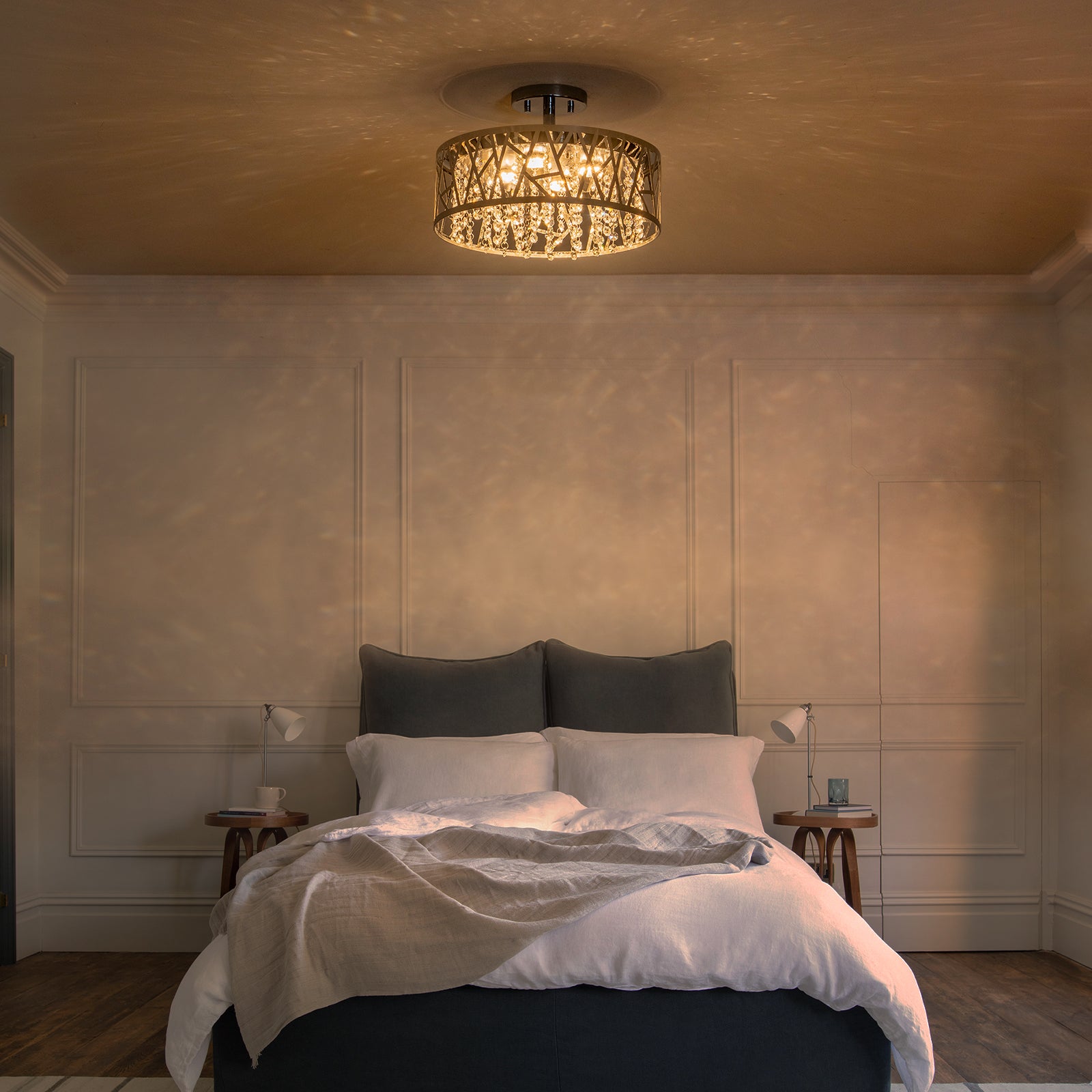13.78 in. 1-Light Modern Small Chrome Drum Dimmable LED Semi-Flush Mount Ceiling Light with Beaded Crystal Shade