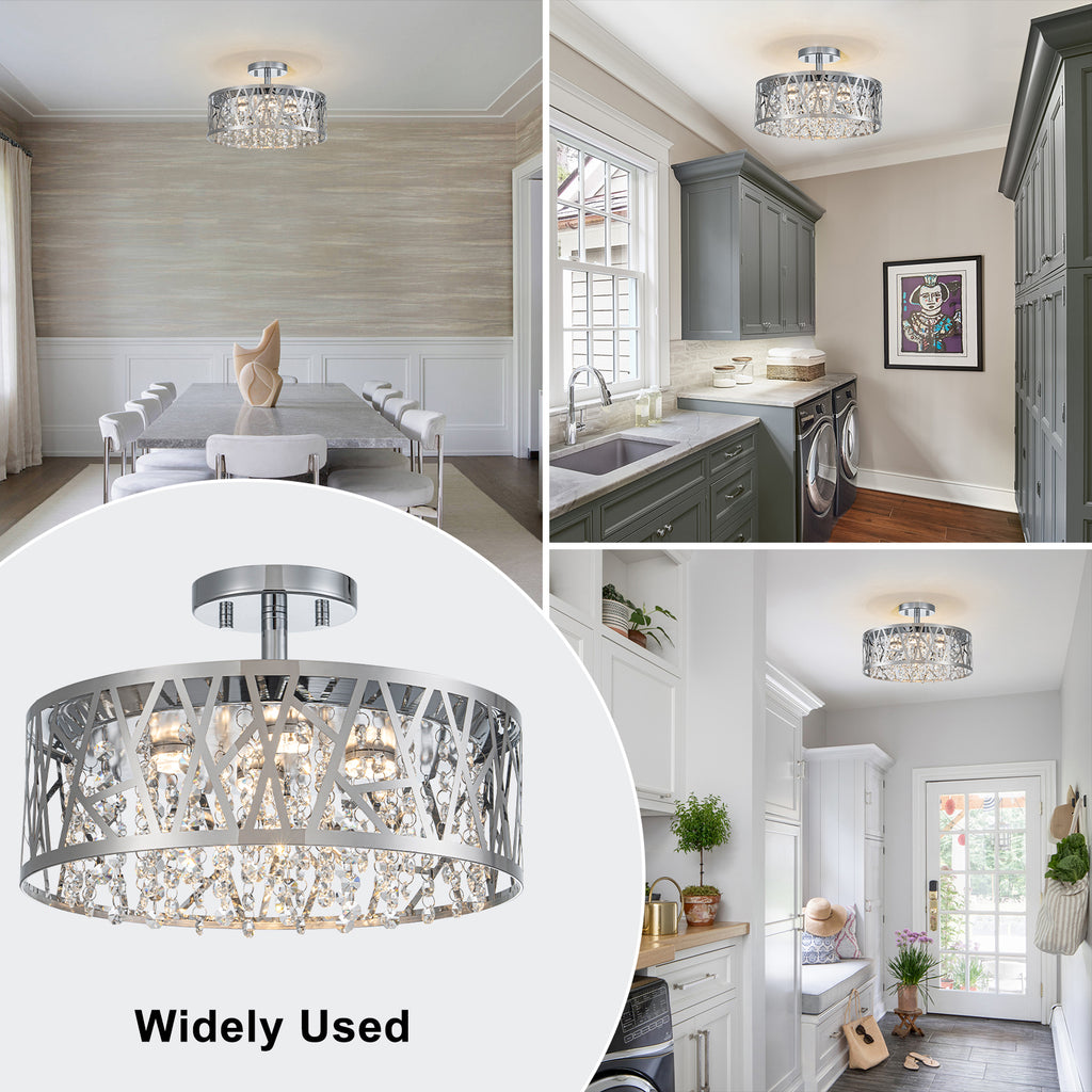 13.78 in. 1-Light Modern Small Chrome Drum Dimmable LED Semi-Flush Mount Ceiling Light with Beaded Crystal Shade