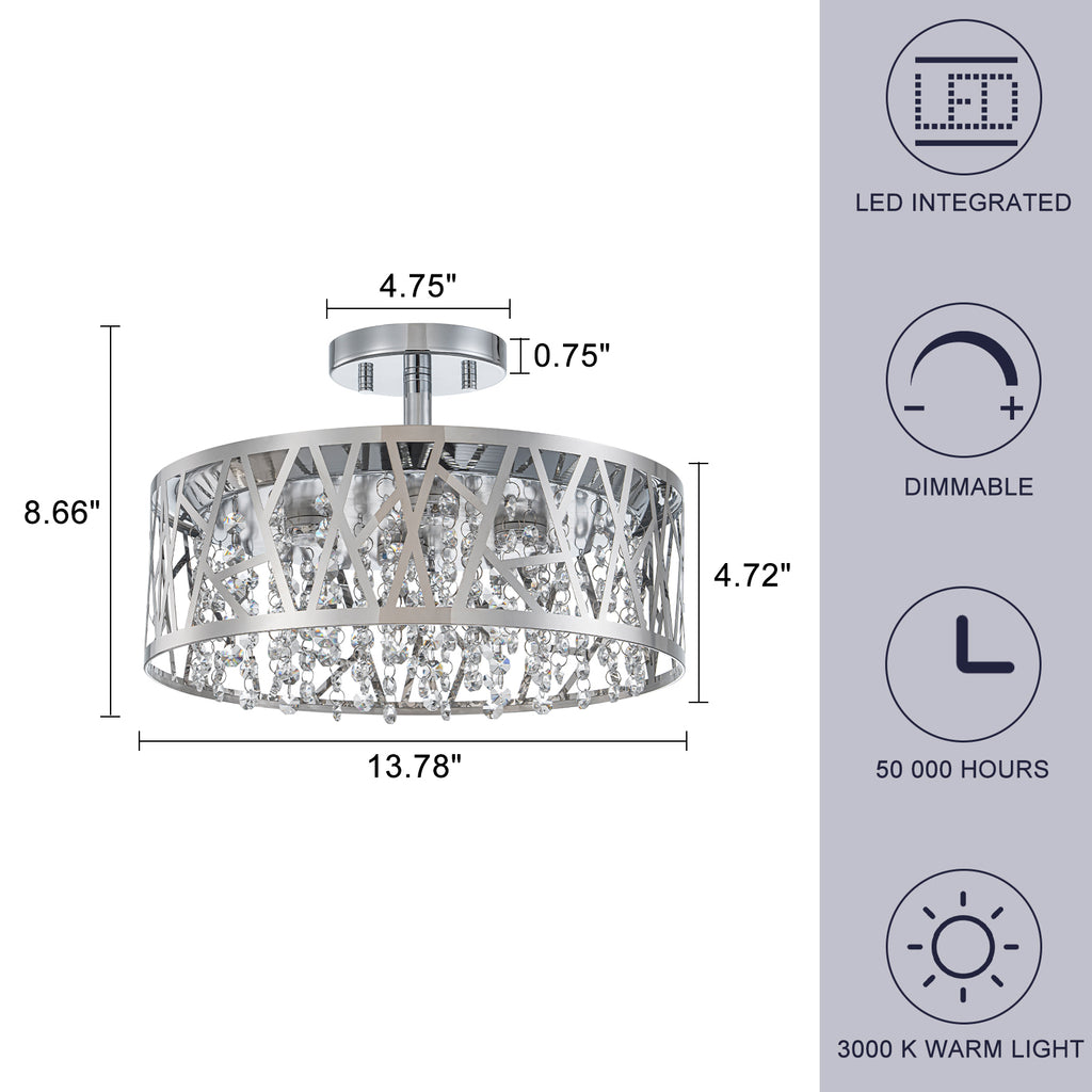 13.78 in. 1-Light Modern Small Chrome Drum Dimmable LED Semi-Flush Mount Ceiling Light with Beaded Crystal Shade
