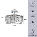 13.78 in. 1-Light Modern Small Chrome Drum Dimmable LED Semi-Flush Mount Ceiling Light with Beaded Crystal Shade