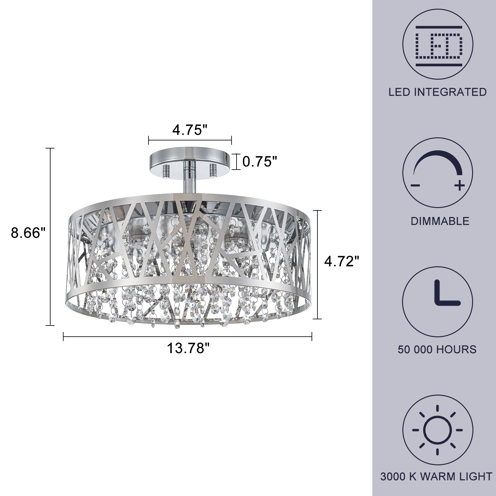 13.78 in. 1-Light Modern Small Chrome Drum Dimmable LED Semi-Flush Mount Ceiling Light with Beaded Crystal Shade