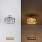 13.78 in. 1-Light Modern Small Chrome Drum Dimmable LED Semi-Flush Mount Ceiling Light with Beaded Crystal Shade