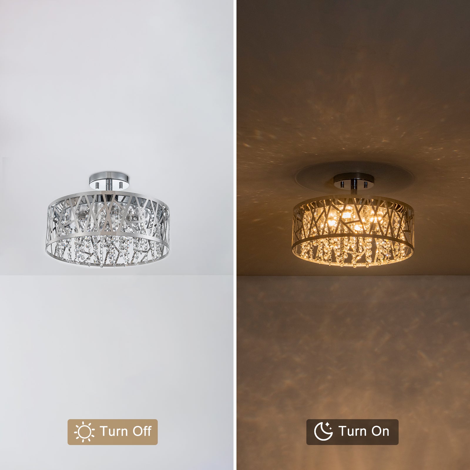 13.78 in. 1-Light Modern Small Chrome Drum Dimmable LED Semi-Flush Mount Ceiling Light with Beaded Crystal Shade