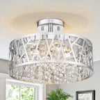13.78 in. 1-Light Modern Small Chrome Drum Dimmable LED Semi-Flush Mount Ceiling Light with Beaded Crystal Shade