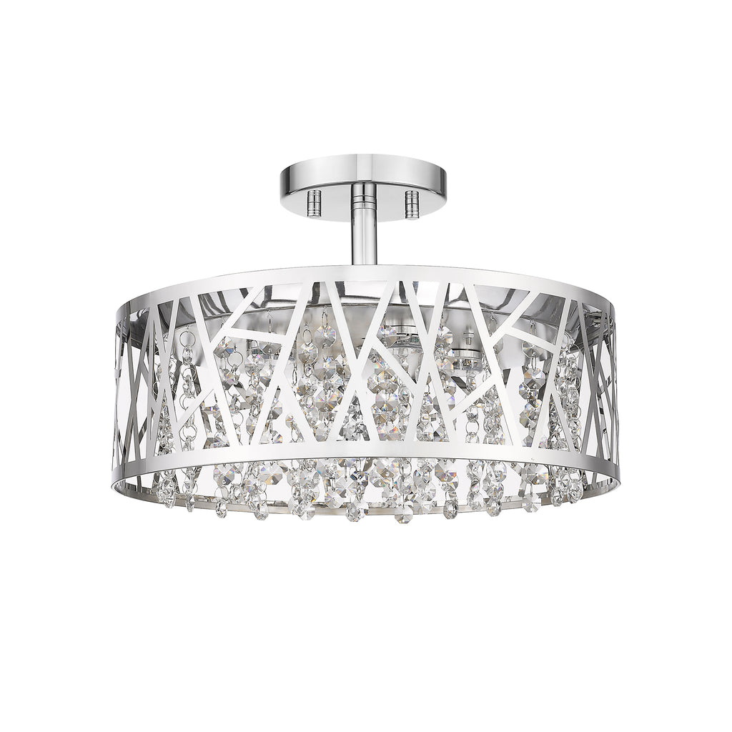 13.78 in. 1-Light Modern Small Chrome Drum Dimmable LED Semi-Flush Mount Ceiling Light with Beaded Crystal Shade