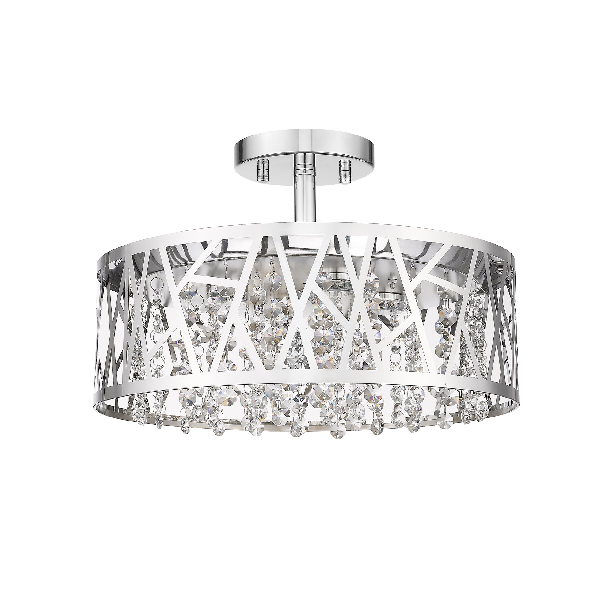 13.78 in. 1-Light Modern Small Chrome Drum Dimmable LED Semi-Flush Mount Ceiling Light with Beaded Crystal Shade