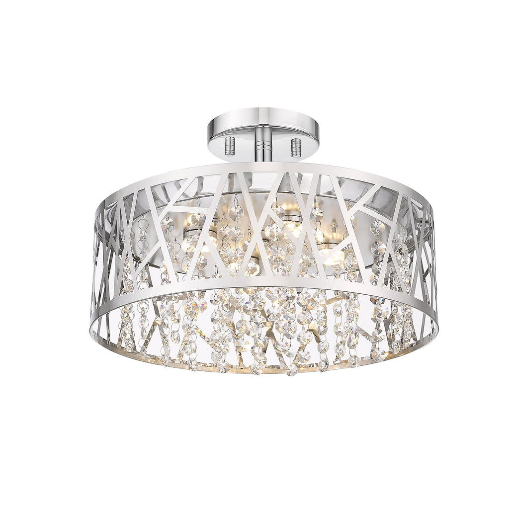 13.78 in. 1-Light Modern Small Chrome Drum Dimmable LED Semi-Flush Mount Ceiling Light with Beaded Crystal Shade