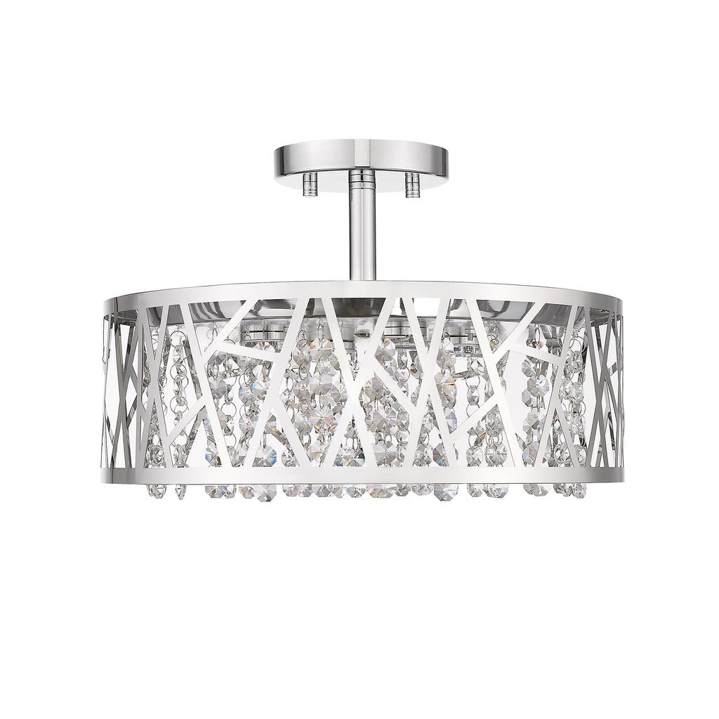 13.78 in. 1-Light Modern Small Chrome Drum Dimmable LED Semi-Flush Mount Ceiling Light with Beaded Crystal Shade