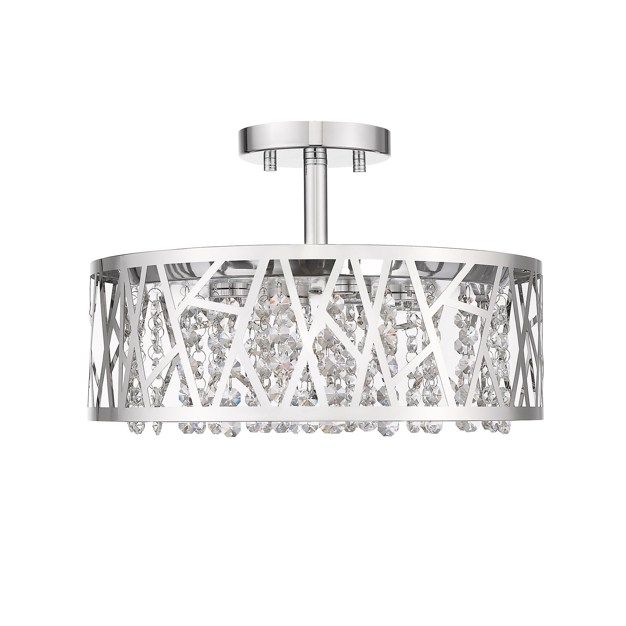 13.78 in. 1-Light Modern Small Chrome Drum Dimmable LED Semi-Flush Mount Ceiling Light with Beaded Crystal Shade