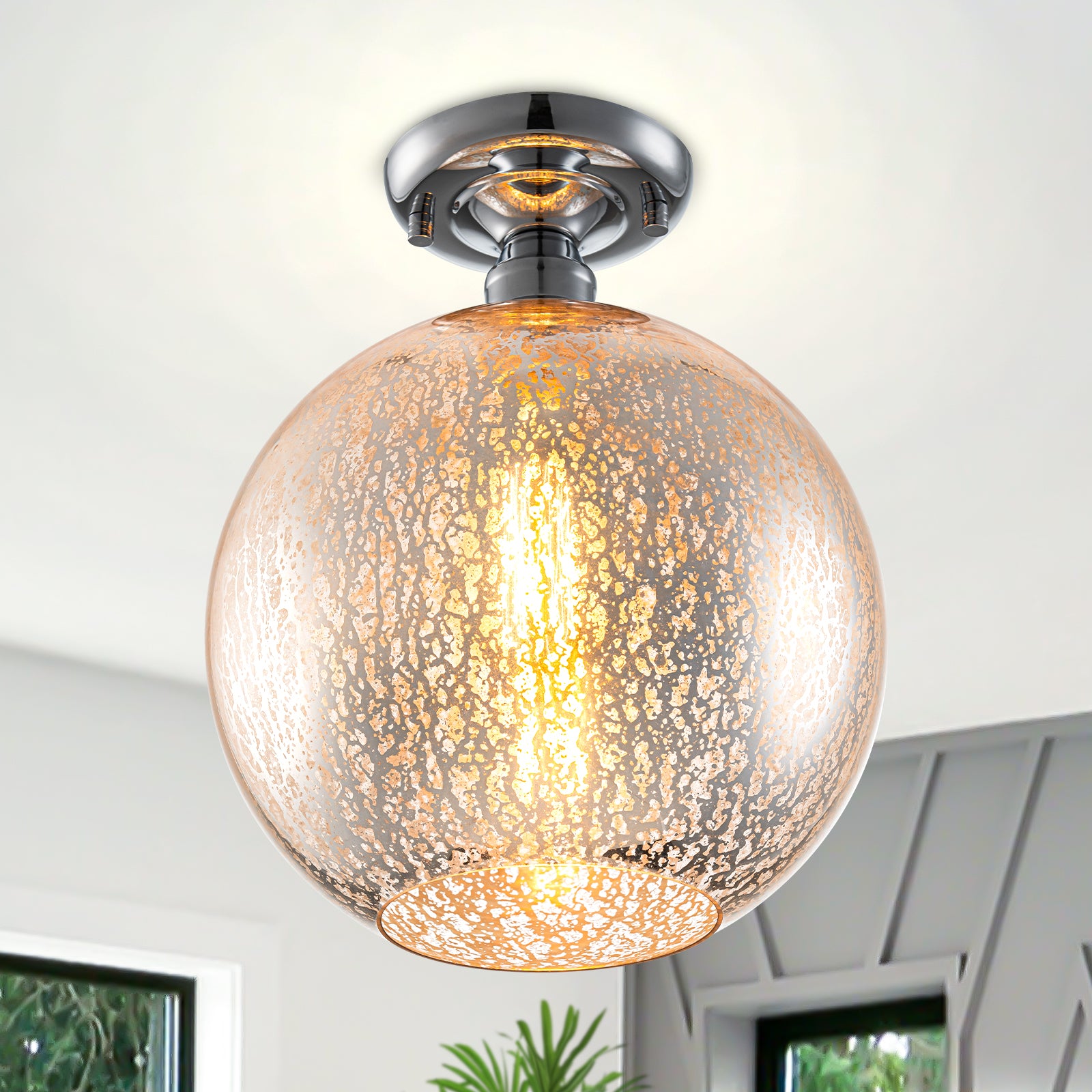 10 in. 1-Light Mini Chrome Transitional Round Flush Mount Ceiling Light with Globe Crackle Glass Shade for Hallway