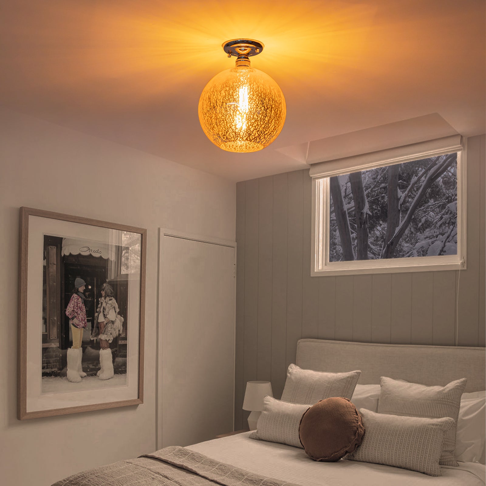 10 in. 1-Light Mini Chrome Transitional Round Flush Mount Ceiling Light with Globe Crackle Glass Shade for Hallway