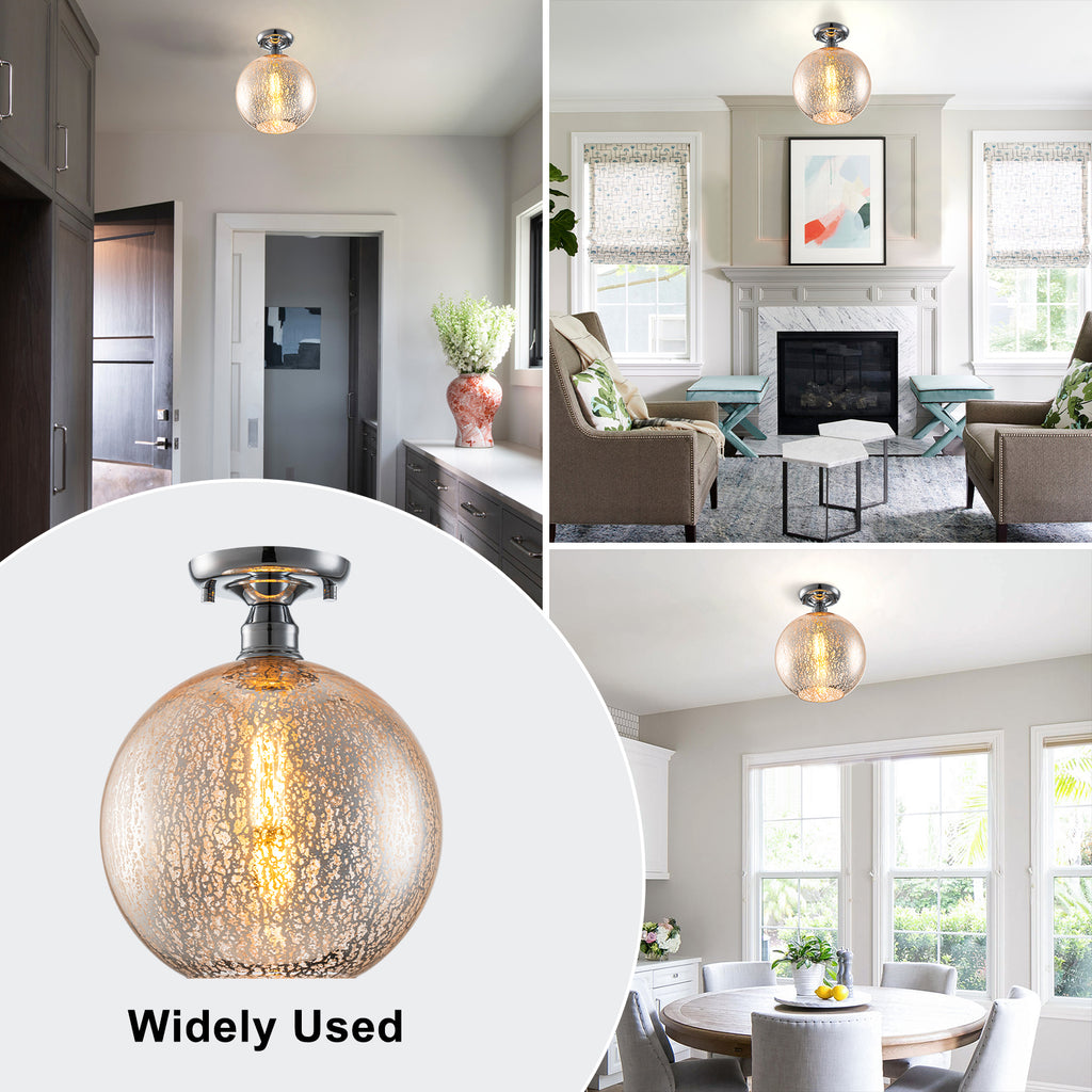 10 in. 1-Light Mini Chrome Transitional Round Flush Mount Ceiling Light with Globe Crackle Glass Shade for Hallway
