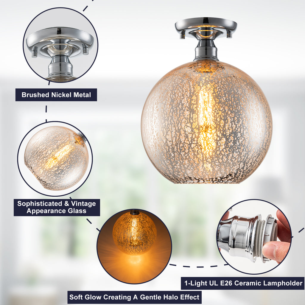 10 in. 1-Light Mini Chrome Transitional Round Flush Mount Ceiling Light with Globe Crackle Glass Shade for Hallway