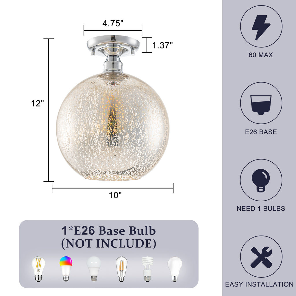 10 in. 1-Light Mini Chrome Transitional Round Flush Mount Ceiling Light with Globe Crackle Glass Shade for Hallway