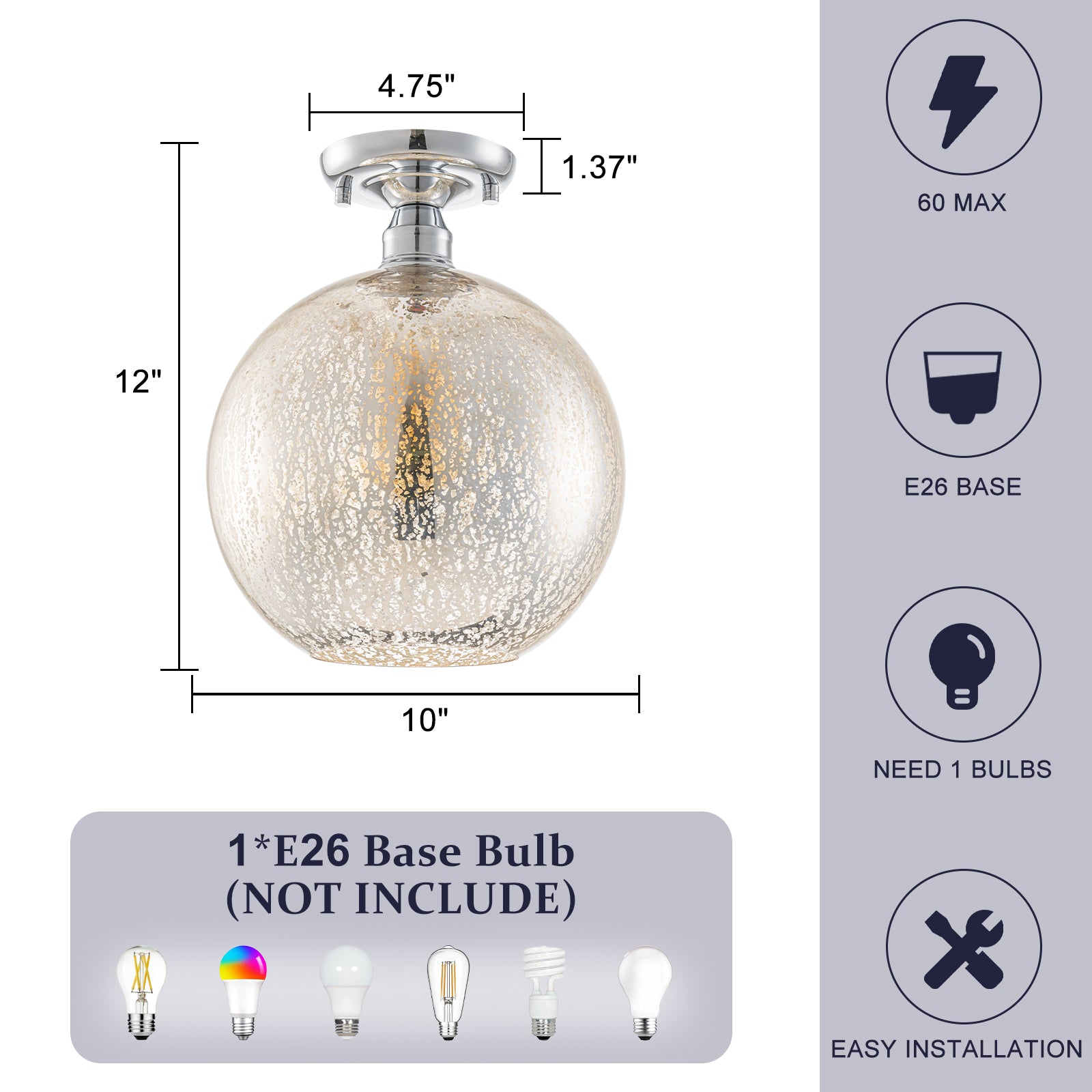 10 in. 1-Light Mini Chrome Transitional Round Flush Mount Ceiling Light with Globe Crackle Glass Shade for Hallway