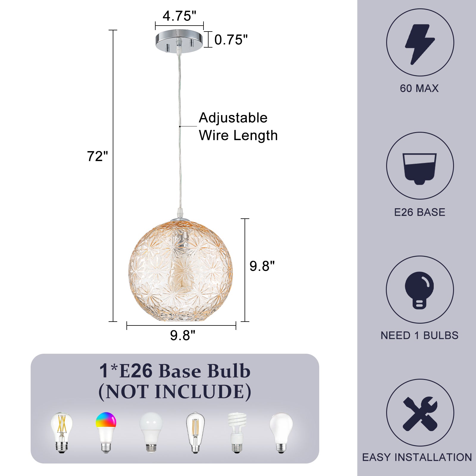 9.84 in. 1-Light Modern Chrome Island Pendant Light with Globe Glass Shade for Dining, Kitchen Island