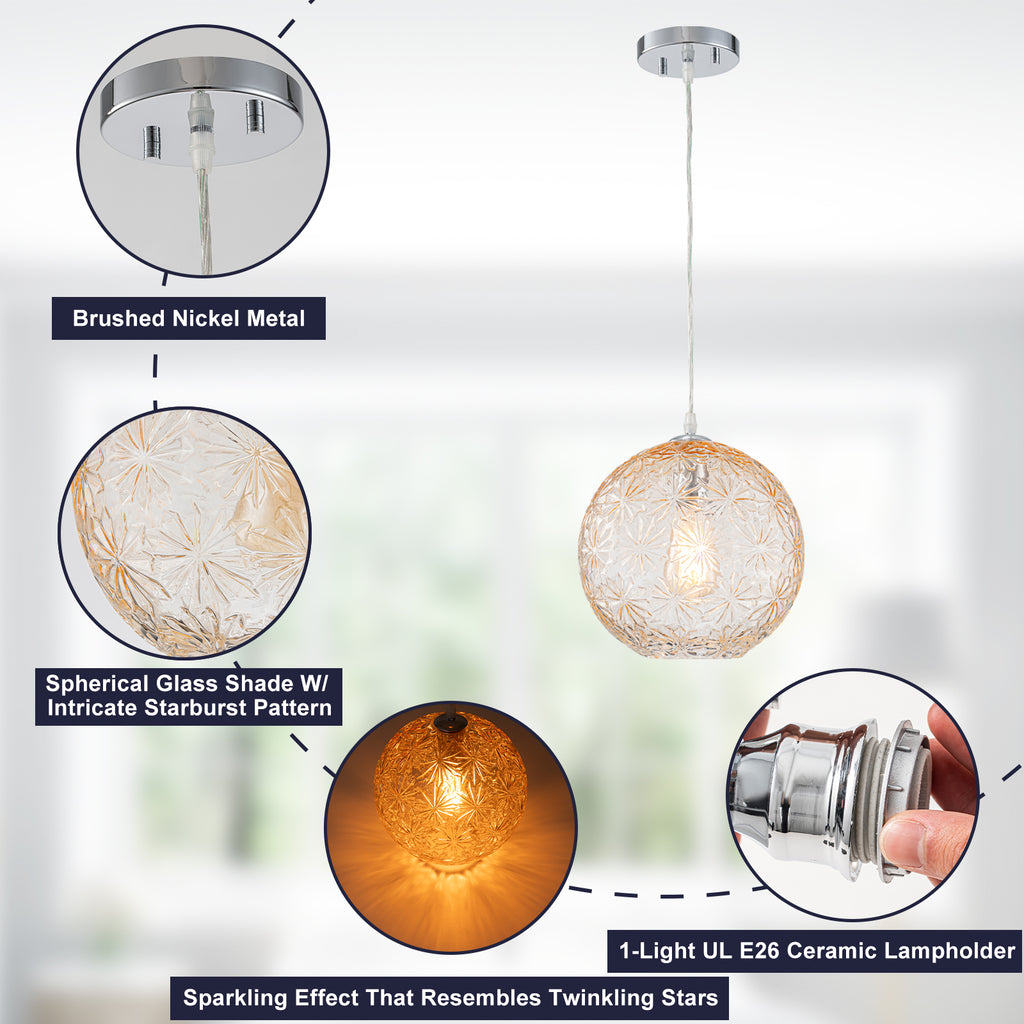 9.84 in. 1-Light Modern Chrome Island Pendant Light with Globe Glass Shade for Dining, Kitchen Island