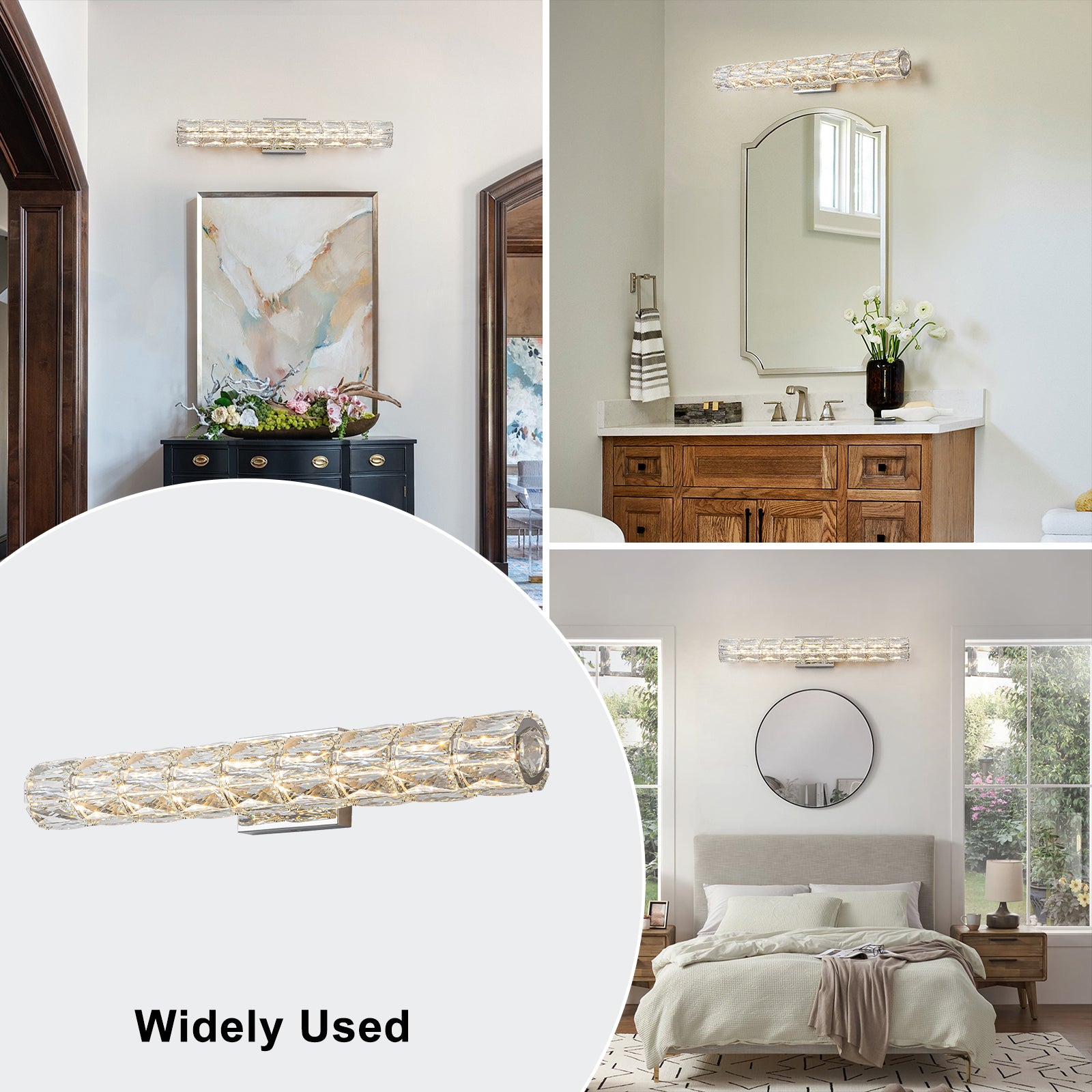 28.5 in. 1-Light Modern Chrome Metal Linear Integrated LED Bathroom Vanity Light Dimmable with Crystal Shade