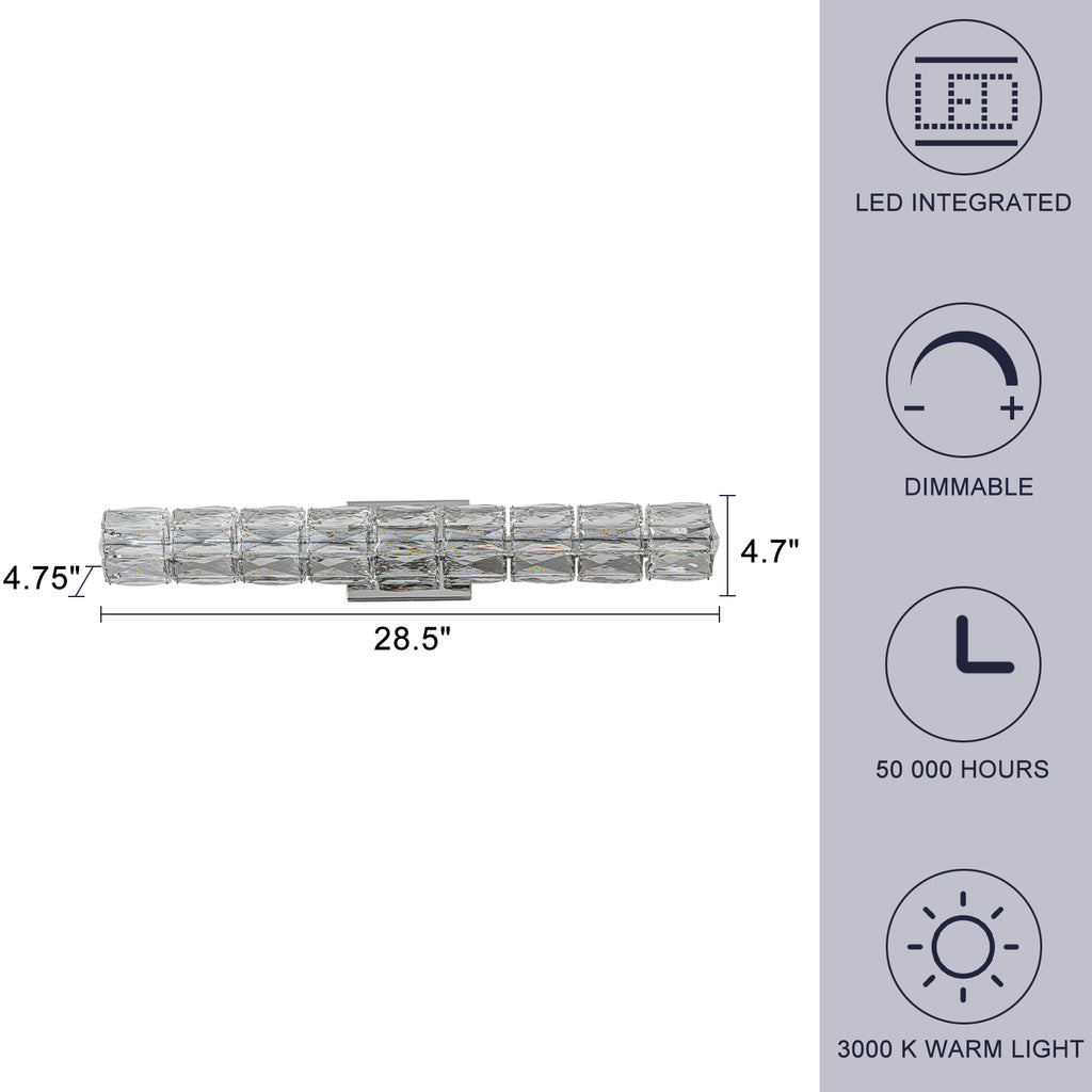 28.5 in. 1-Light Modern Chrome Metal Linear Integrated LED Bathroom Vanity Light Dimmable with Crystal Shade
