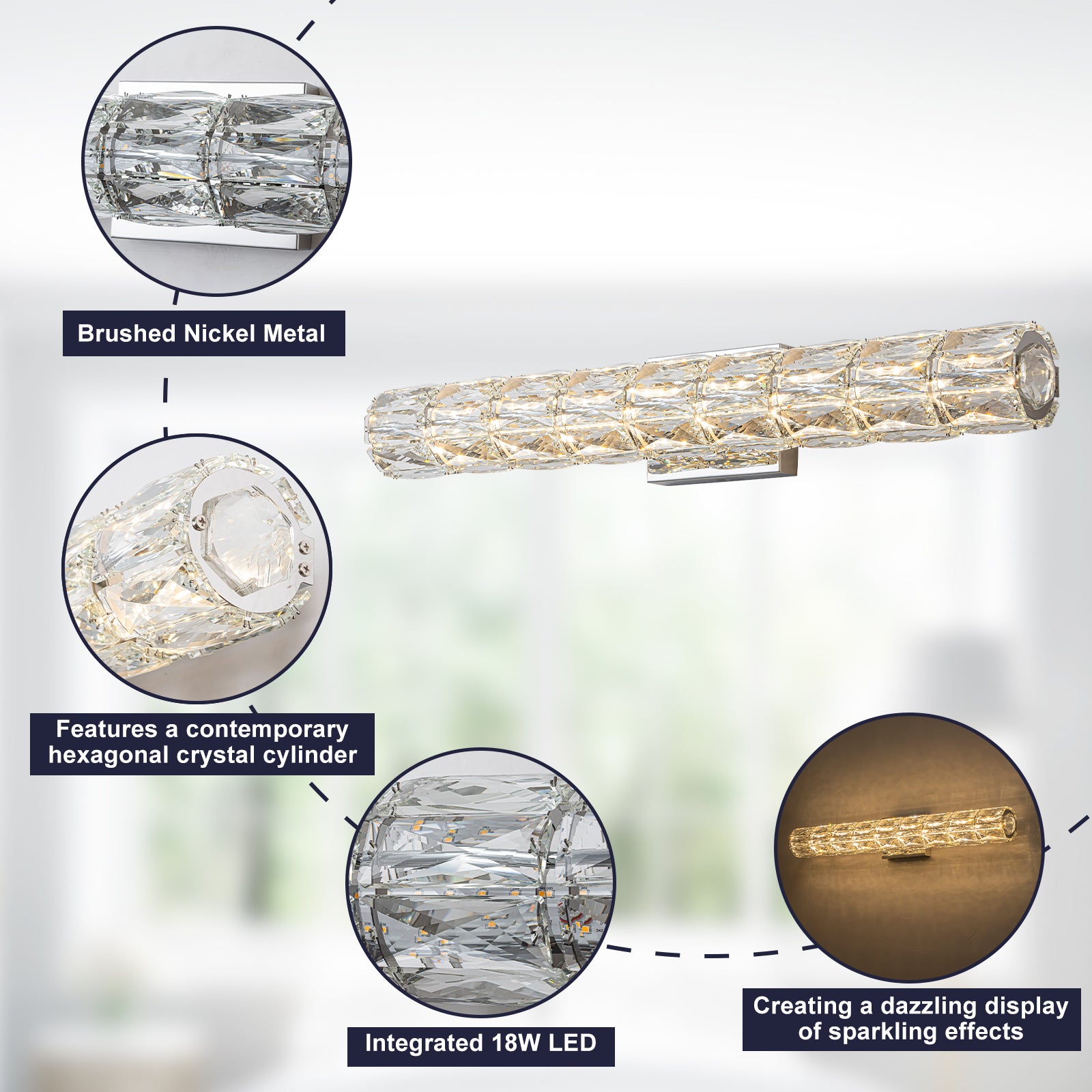 28.5 in. 1-Light Modern Chrome Metal Linear Integrated LED Bathroom Vanity Light Dimmable with Crystal Shade