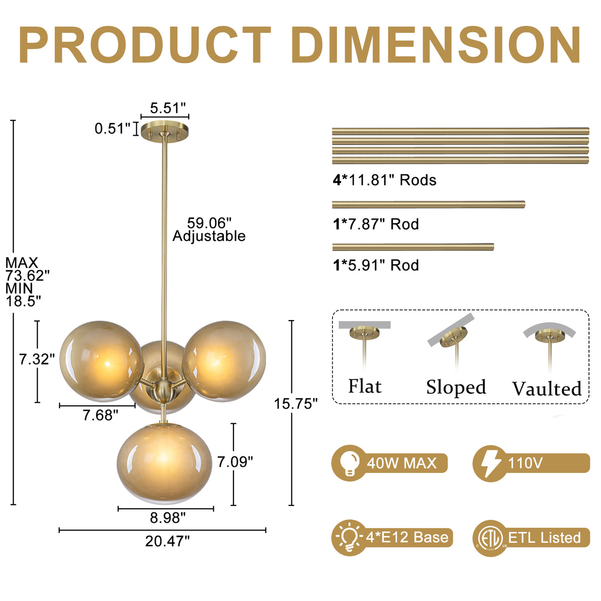 4-Light Modern Sputnik Chandelier with Amber Globe Glass Shades - product image 7 | Zenvolit