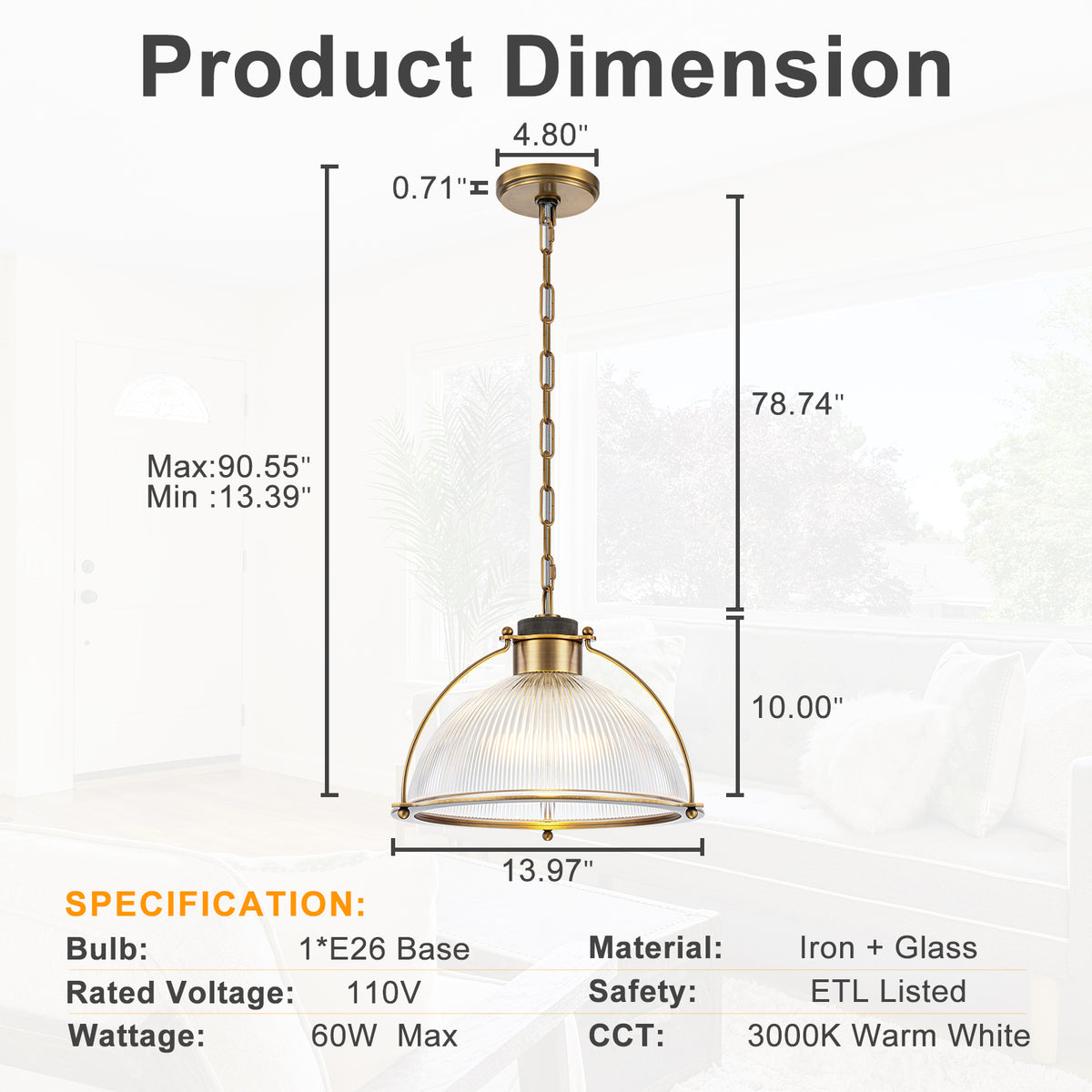 14" Semi Dome Ribbed Glass Pendant Light Modern Kitchen or Dining Room - product image 14 | Zenvolit