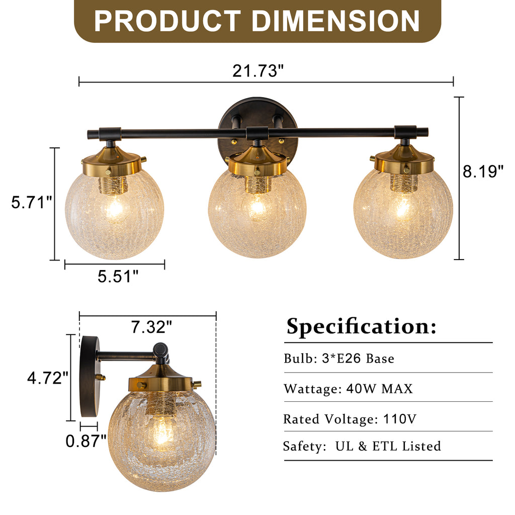 3-Light Crackled Glass Globe Wall Sconce Modern Vanity Light - product image 7 | Zenvolit
