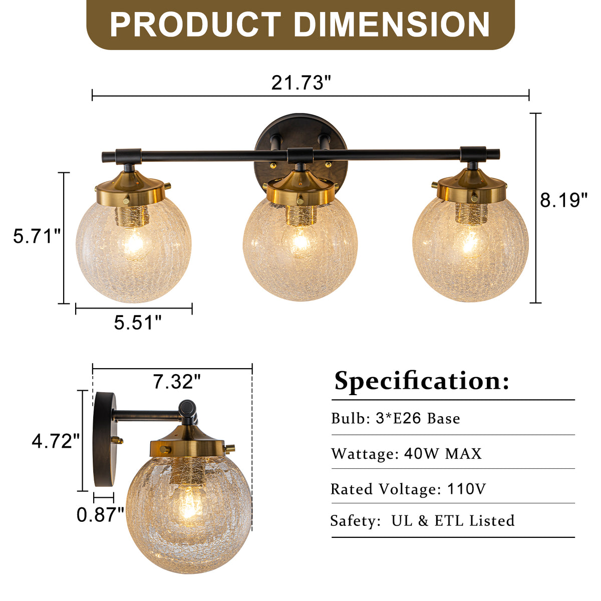 3-Light Crackled Glass Globe Wall Sconce Modern Vanity Light - product image 7 | Zenvolit