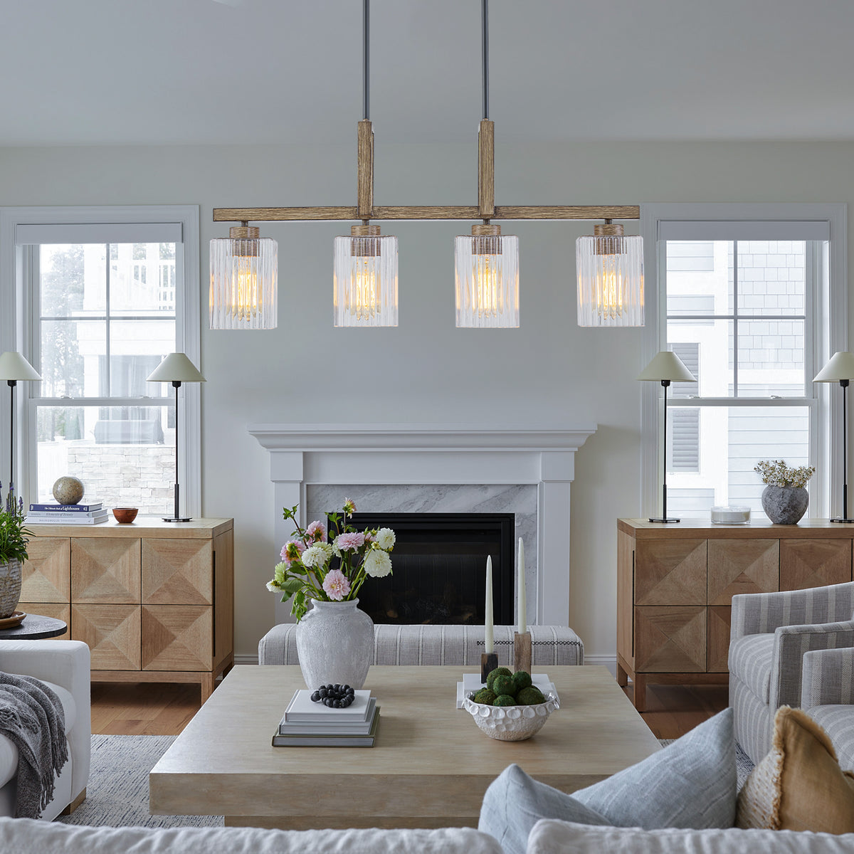 4-Light Faux Wood Linear Island Chandelier with Ribbed Glass Shades - product image 5 | Zenvolit