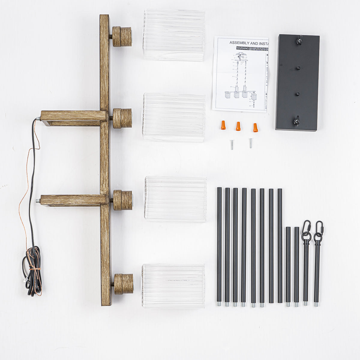 4-Light Faux Wood Linear Island Chandelier with Ribbed Glass Shades - product image 15 | Zenvolit