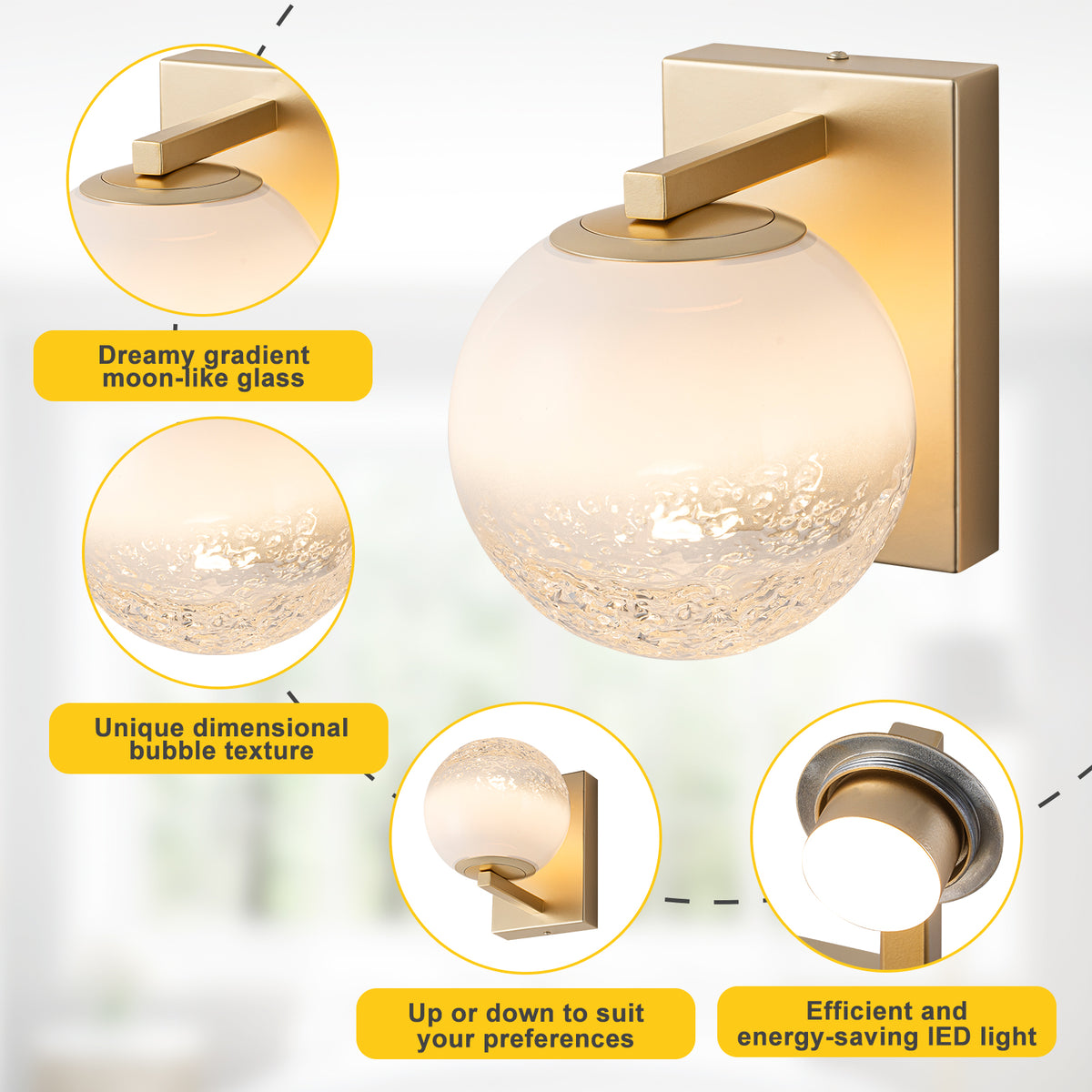 LED Wall Light with Clear-to-White Glass Globe Shade Dual Mount - product image 14 | Zenvolit
