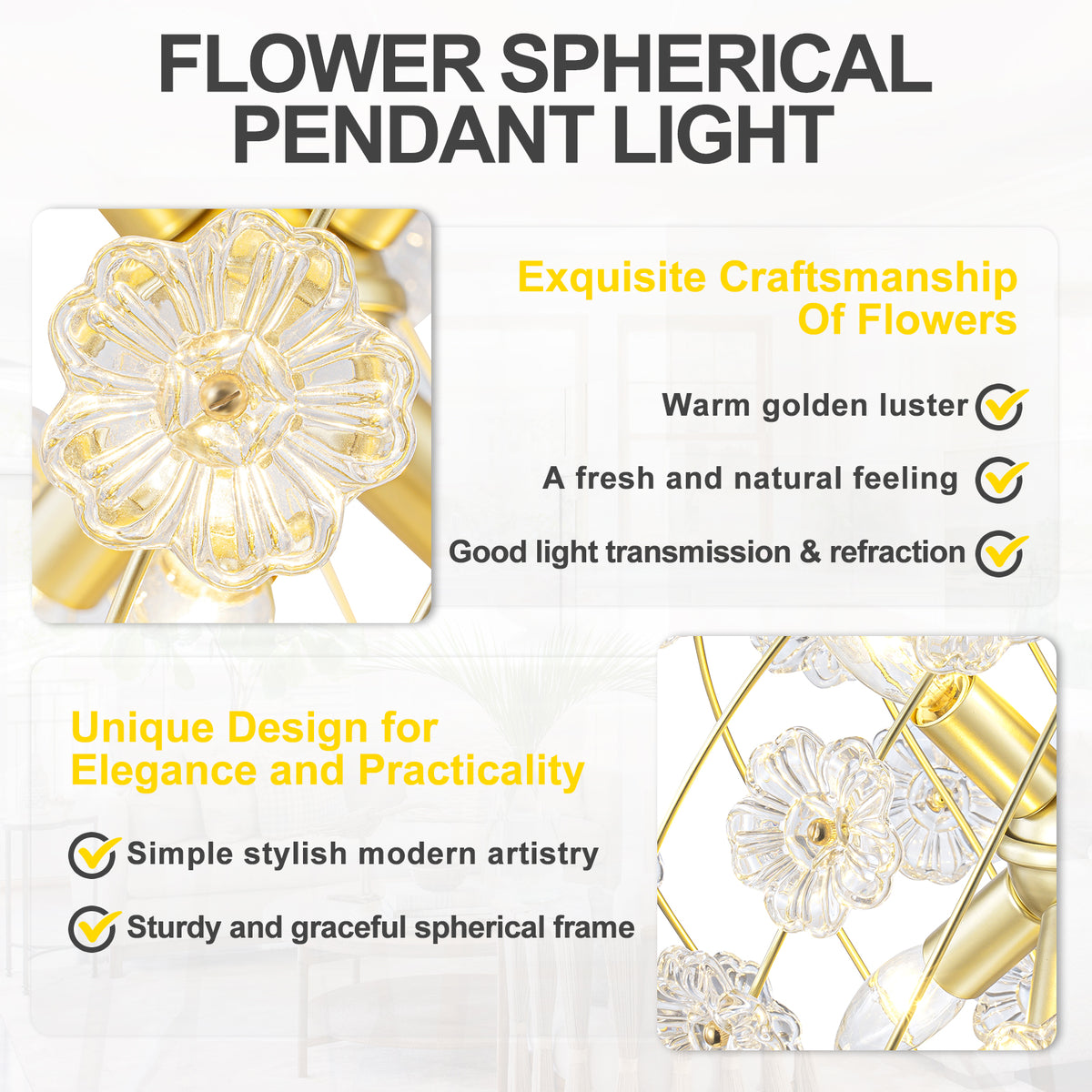 Modern 6-Light Glass Flower Globe Pendant Chandelier for Dining Room - product image 26 | Zenvolit
