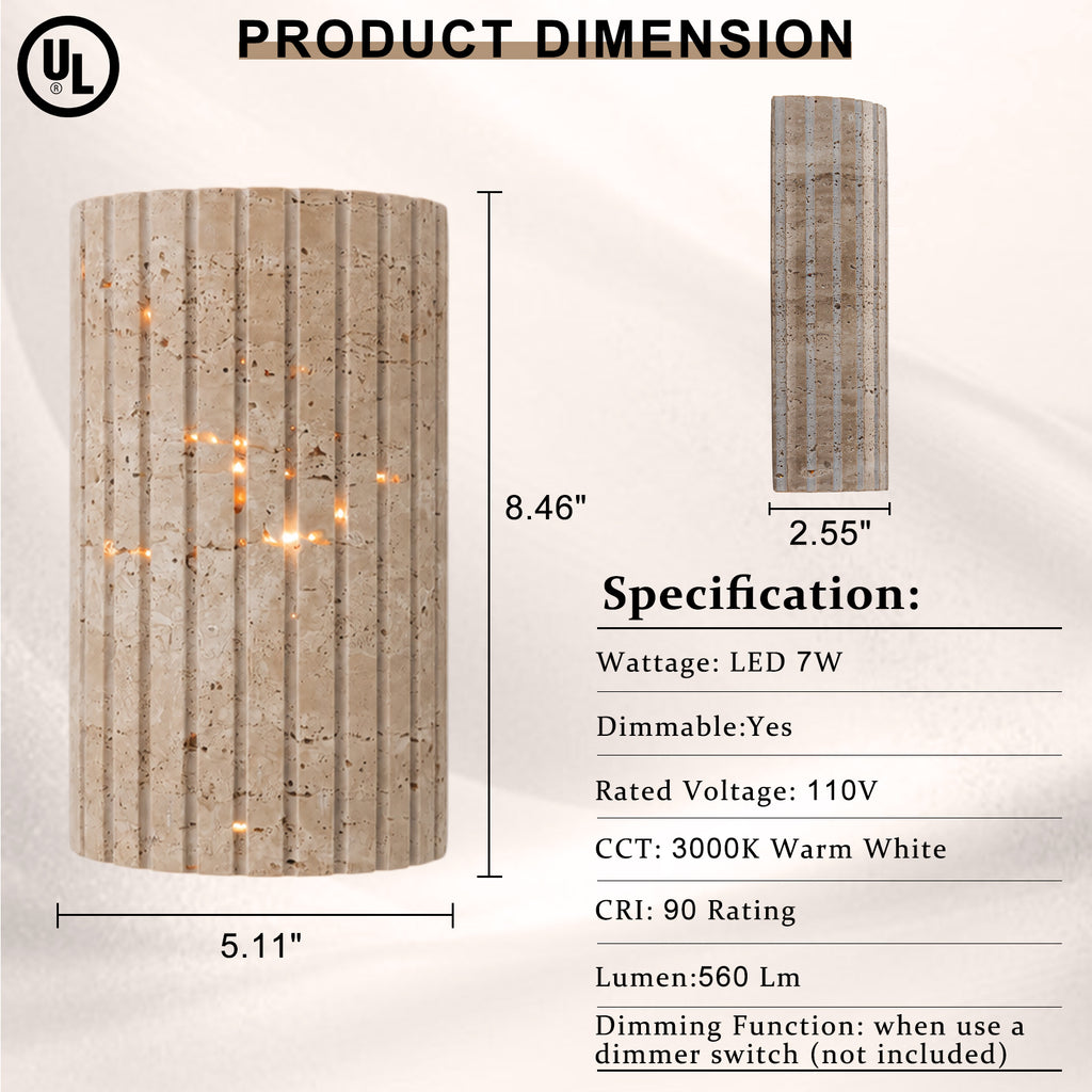 Travertine Dimmable LED Wall Sconce with Vertical Grooved Design - product image 24 | Zenvolit