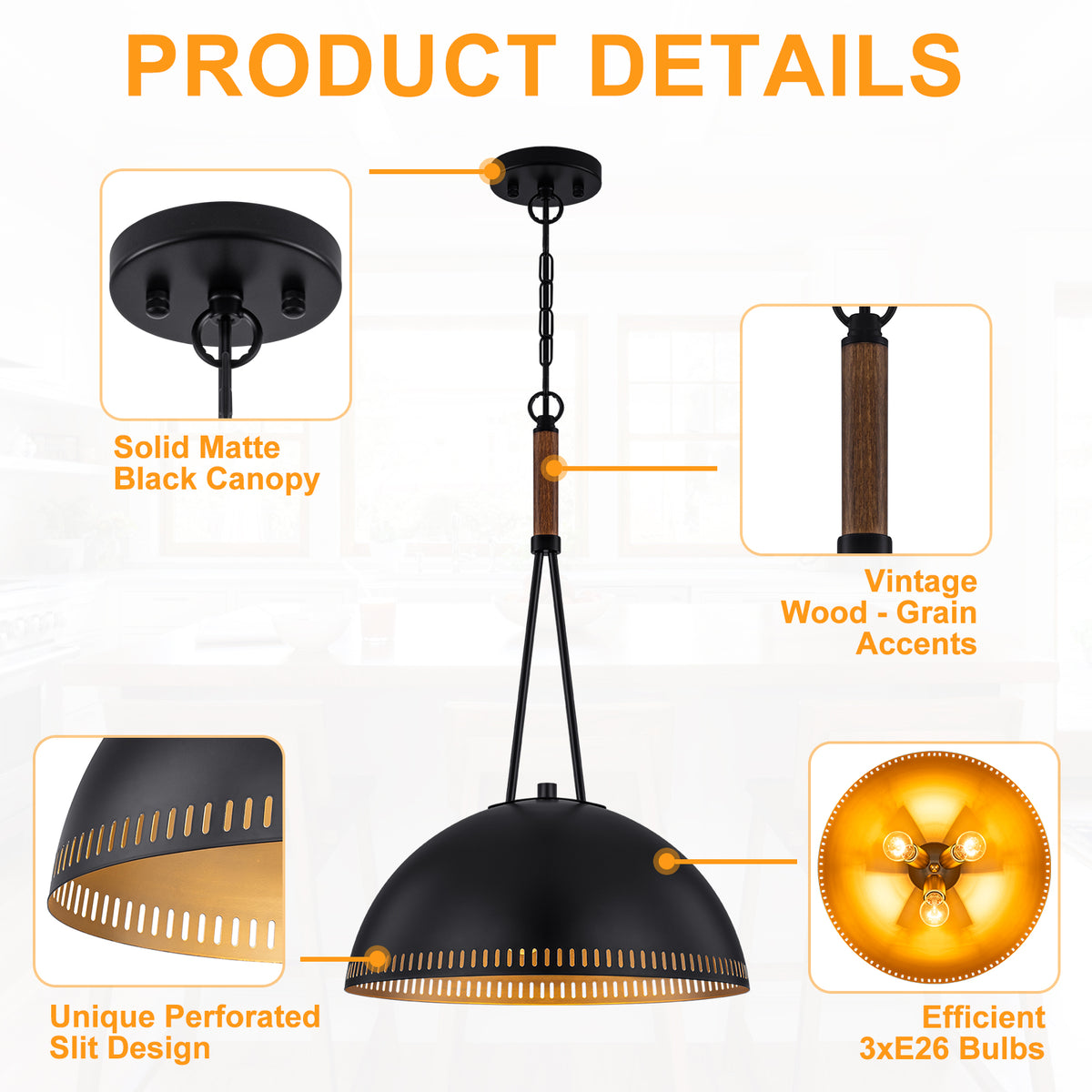 Modern Black Dome Pendant Light with Gold Interior Kitchen Lamp - product image 18 | Zenvolit