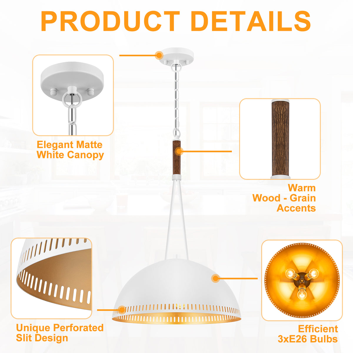 Modern White Dome Pendant Light with Gold Interior Kitchen Lamp - product image 18 | Zenvolit