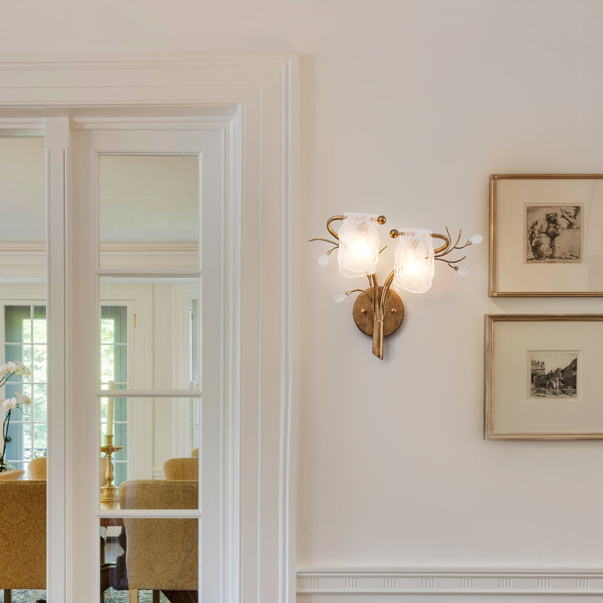 2-Light Wall Sconce with Floral Branch Design and White Glass Shades - product image 2 | Zenvolit